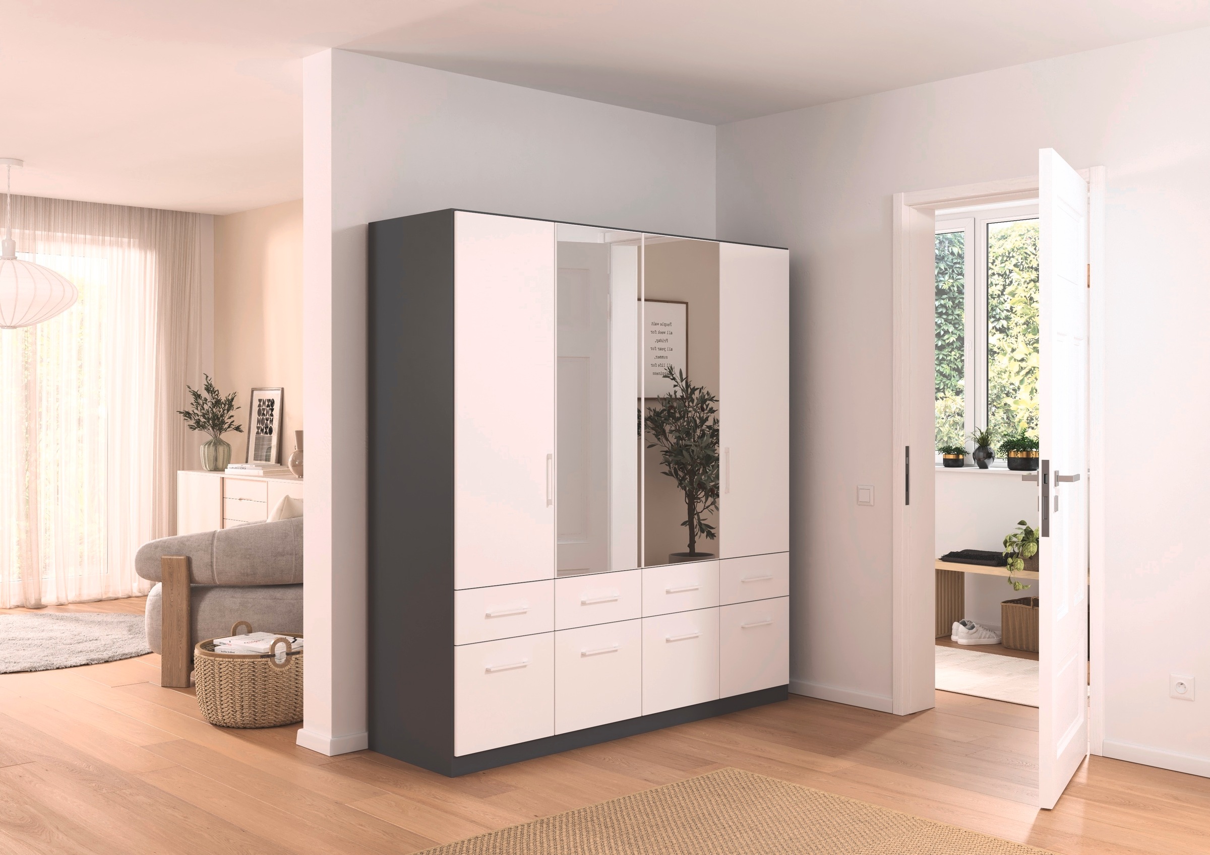 rauch Kleiderschrank »Kleiderschrank Schrank Garderobe Wäscheschrank DUNDEE«, (mit 3 Griff-Varianten), Schubladen in zwei Höhen, optional mit Spiegel MADE IN GERMANY