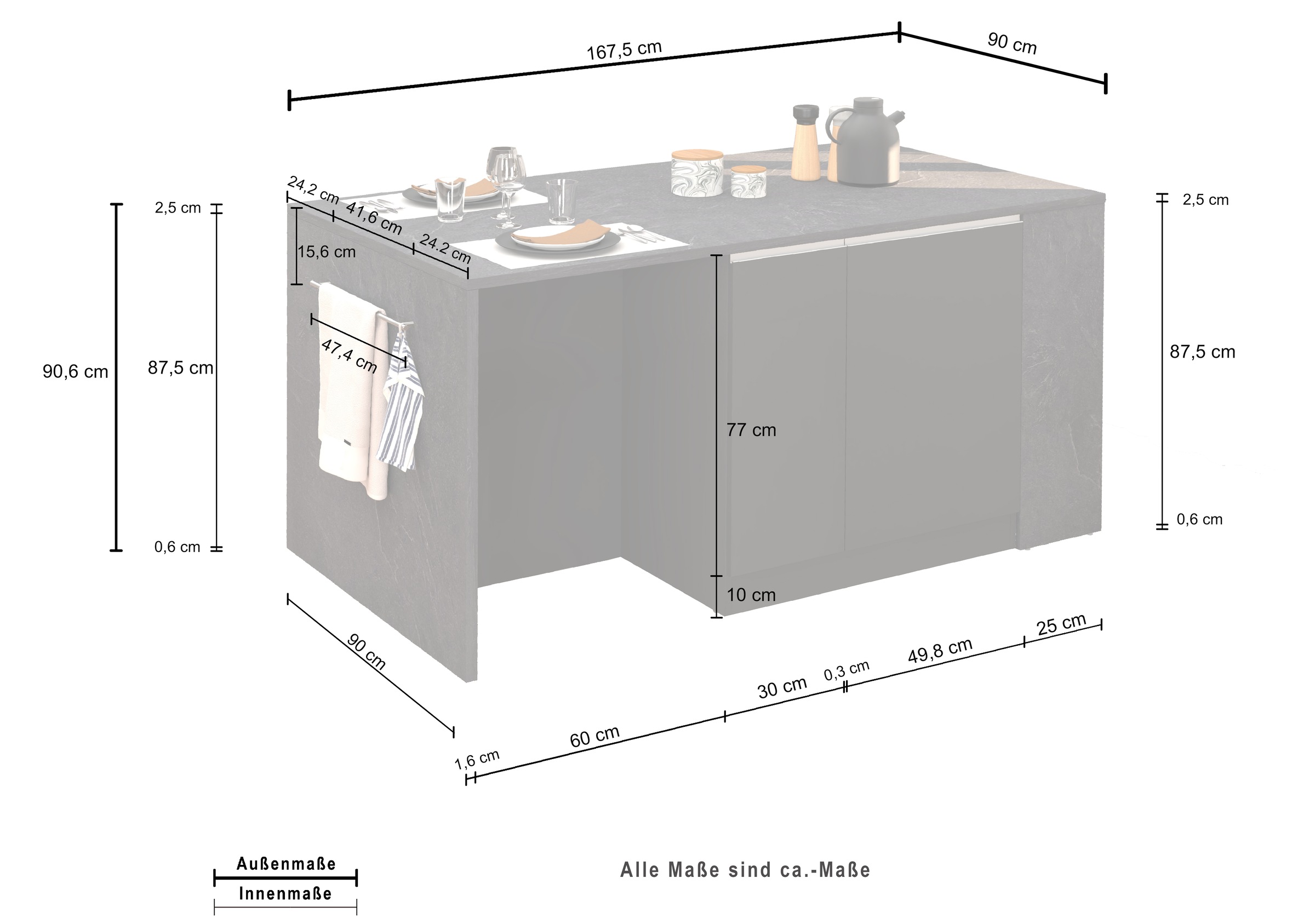 KOCHSTATION Kücheninsel »KS-Sole, Kochinsel, Küchenarbeitsblock, Arbeitsinsel, Made in Italy«, Breite 167,5 cm, 2 Apothekerauszüge, 2 Essplätze, 1 offenes Regal