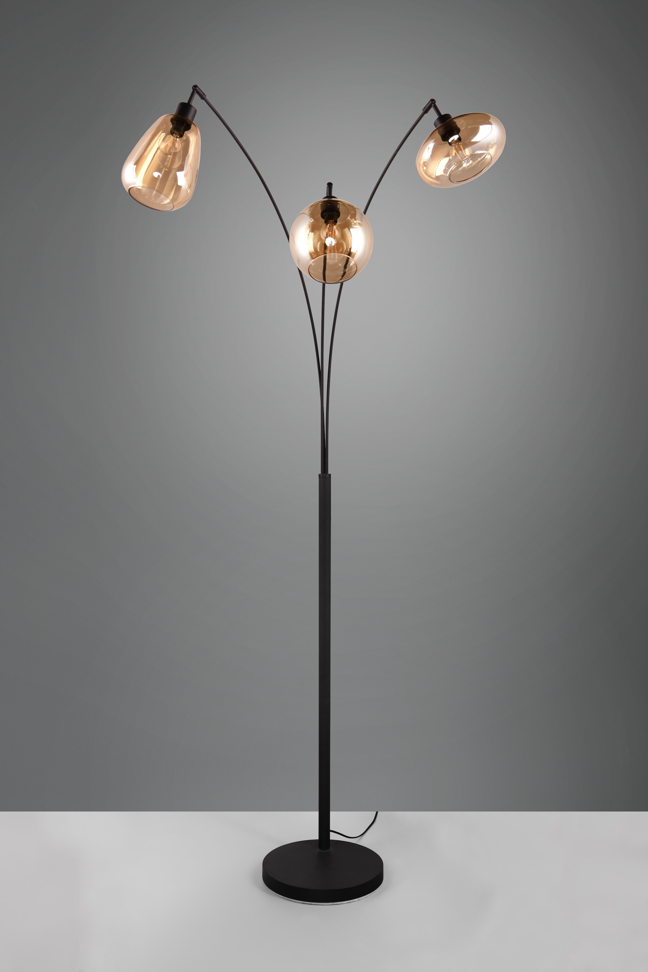 TRIO Leuchten Stehlampe »Lumina, gebogene Stehleuchte mit Glasschirmen exkl 3xE14 max 10W« E14 1 Stk. warmweiß - kaltweiß amberfarbige Gläser in 3 Formen, Fußschalter, Bogenleuchte Höhe 200 cm