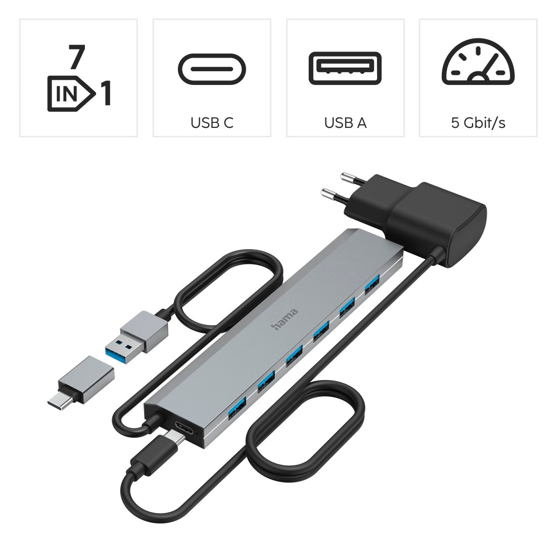 Hama USB-Adapter »USB Hub mit Netzteil und Adapter, 7 Ports mit USB C und USB A Stecker«, 100 cm