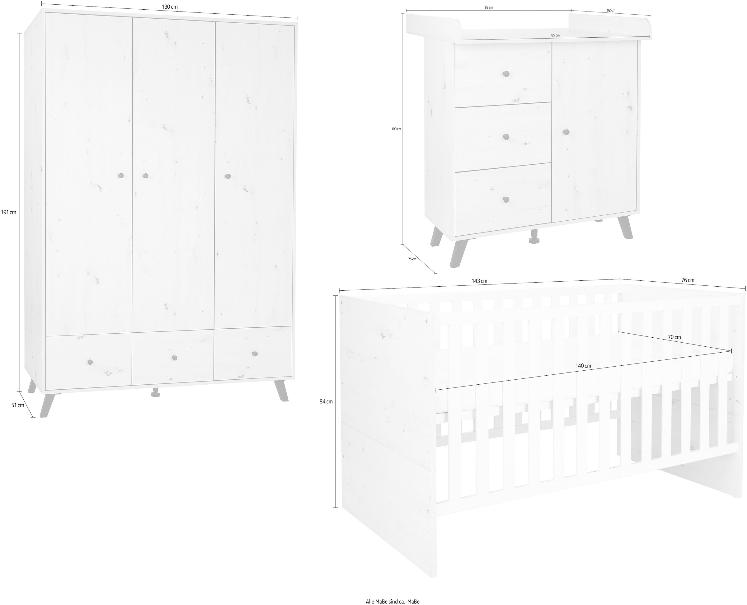 arthur berndt Babyzimmer-Komplettset »Babyzimmer Set »Lavea« 3-teilig«, (Set, Babymöbel-Set »Lavea«: Kleiderschrank, Kinderbett und Wickelkommode)