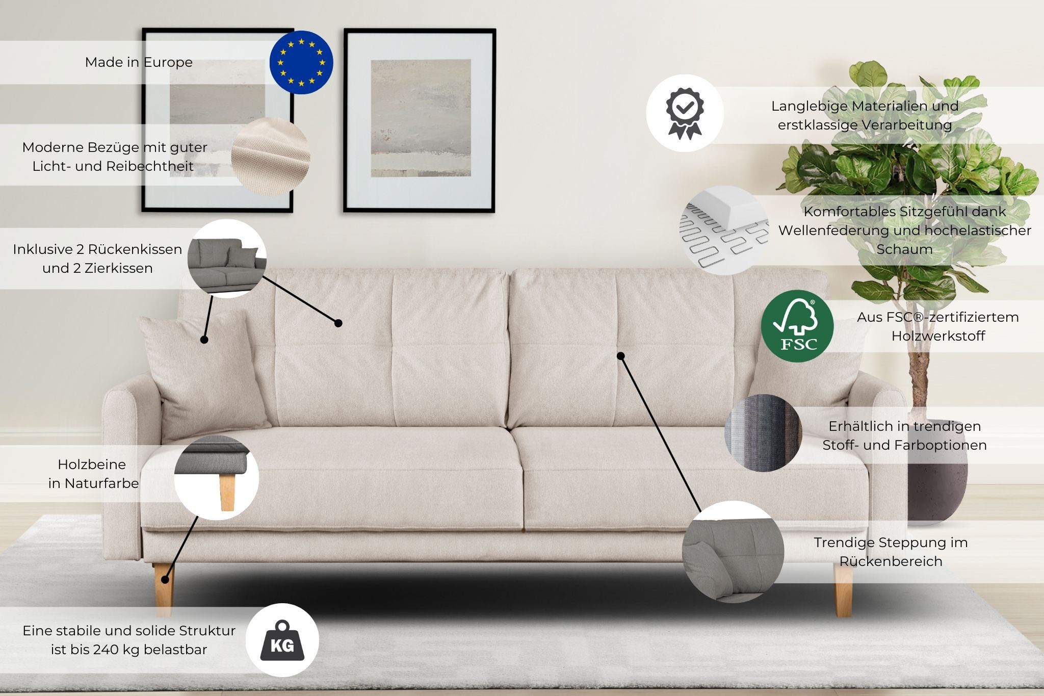 Home affaire 2-Sitzer »TRIPLO mit Wellenunterfederung, Maße B/T/H: 165/100/89 cm« Sofa mit Steppung im Rückenbereich, incl. Rückenkissen und Zierkissen