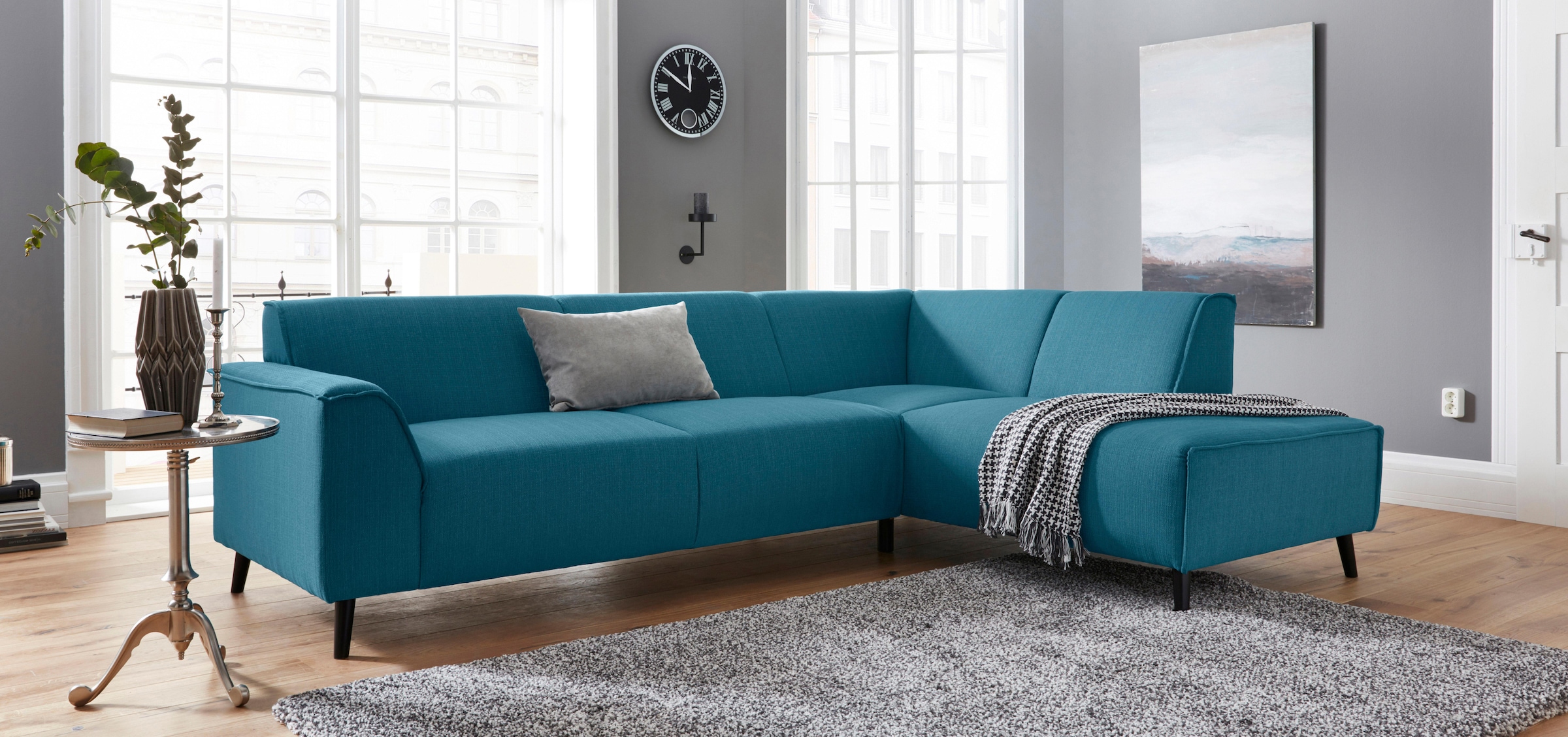 DOMO collection Ecksofa »Amora, inkl. Federkern für mehr Sitzkomfort, Breite 263cm, L-Form« Komfortsitzhöhe 47 cm, Fußhöhe passend für gängige Saugroboter!