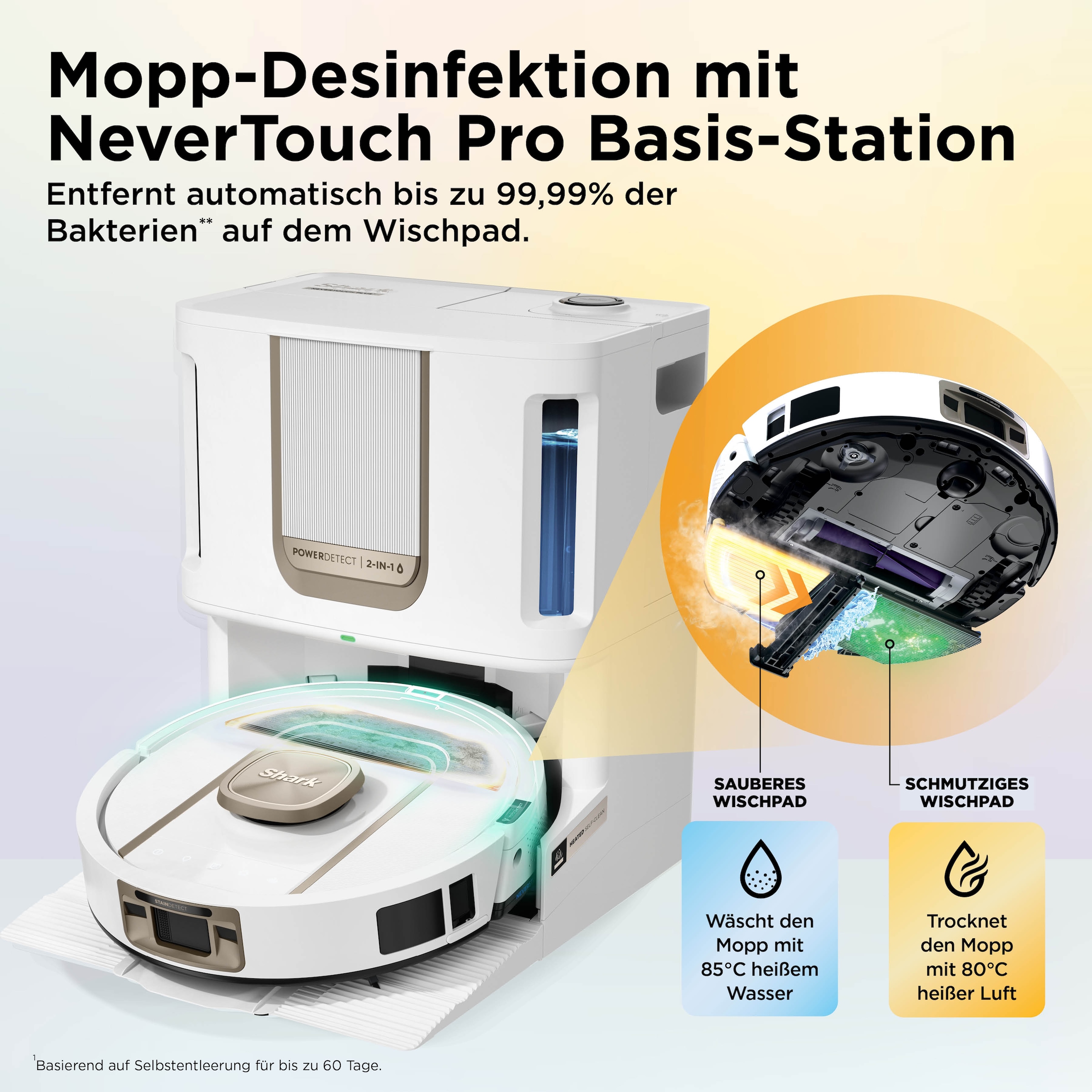 Shark Saugroboter »Shark ThermaCharged PowerDetect Saugroboter RV2900XEEUWH« beheizte Basisstation verwendet 85°C heißes Wasser und 80°C warme Luft