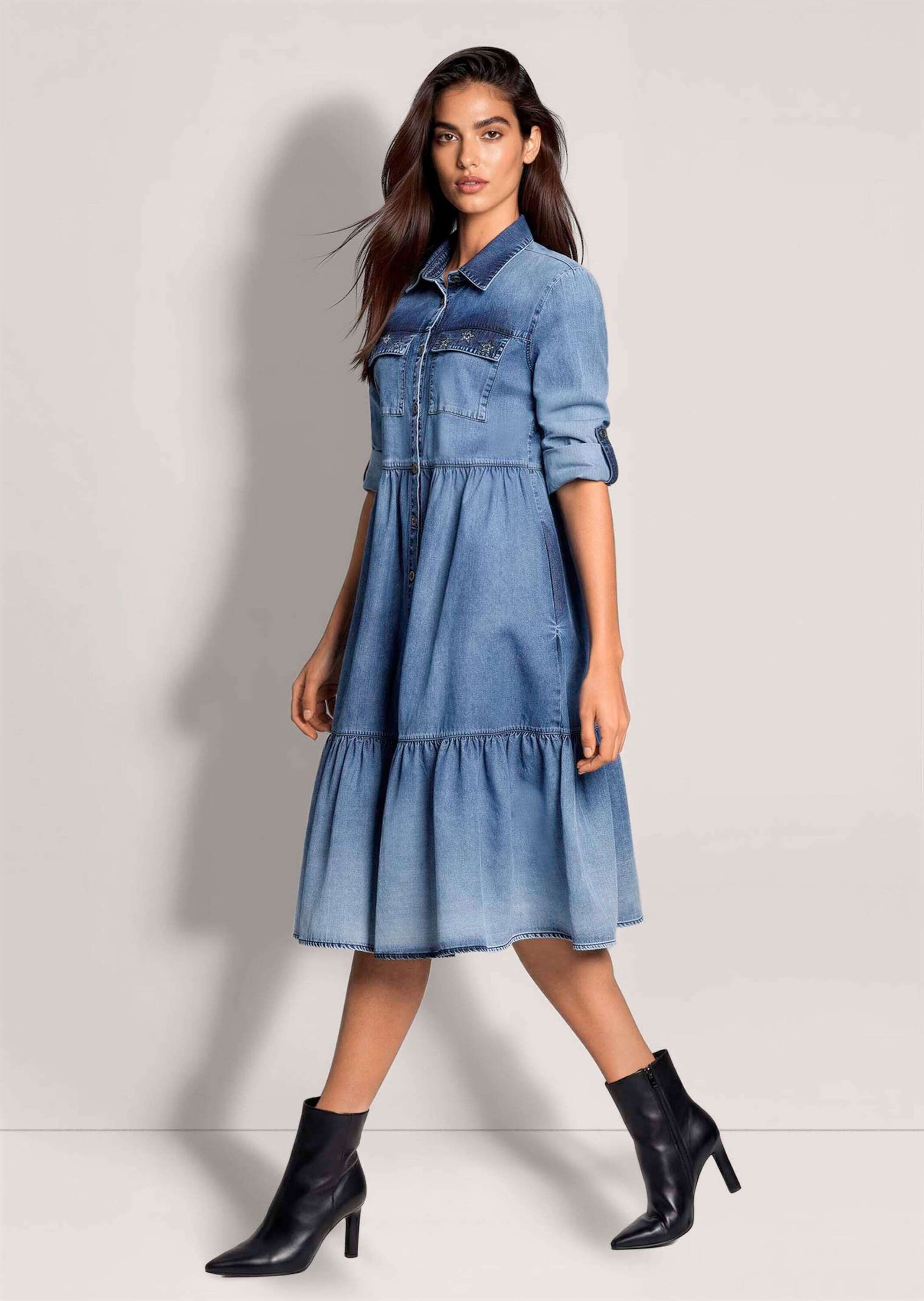 MADELEINE Midikleid »Kleid Jeanskleid mit Stufenrock« Brusttasche