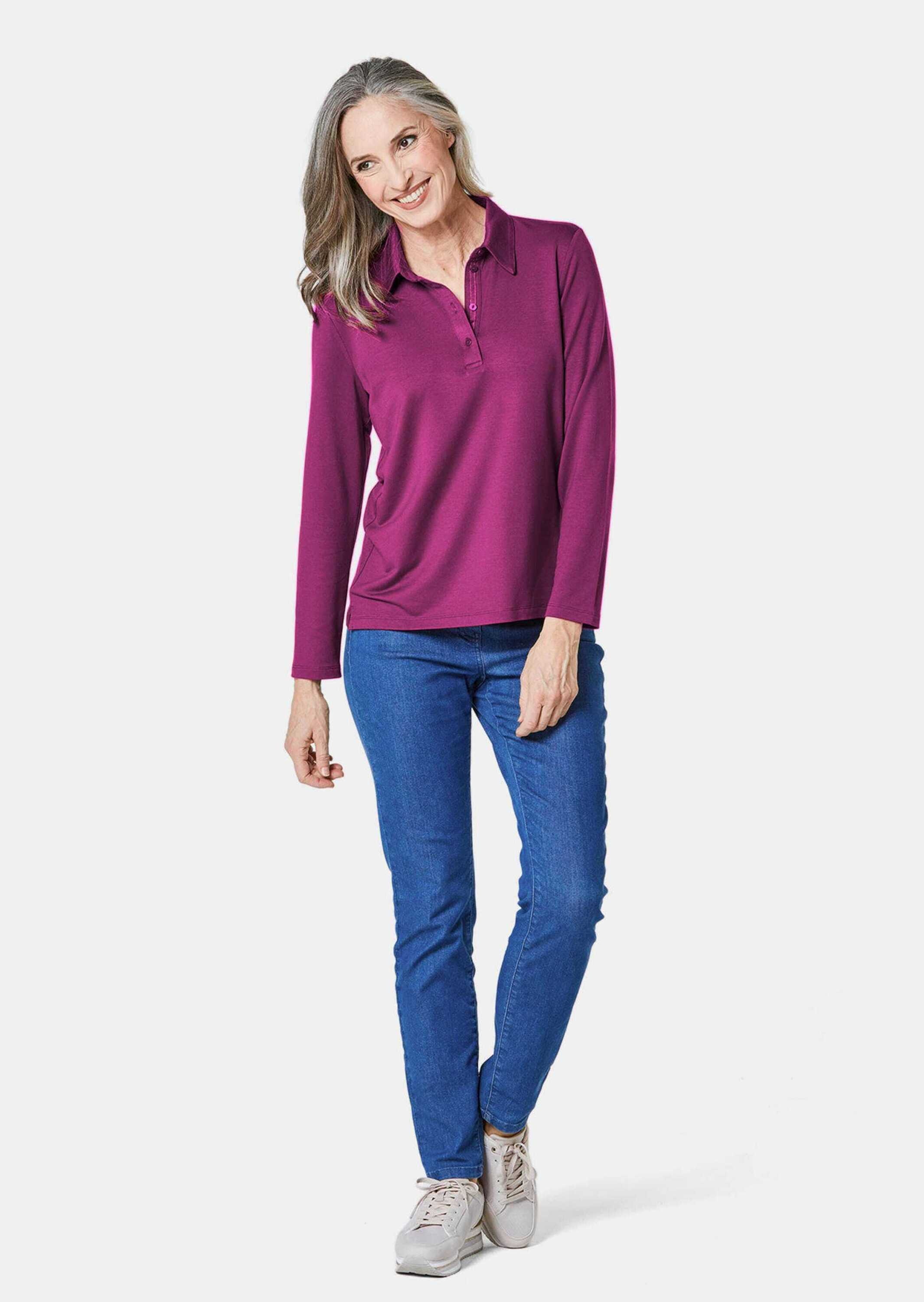 GOLDNER Poloshirt »Poloshirt Langarm Poloshirt mit Schmuckband an Knopfleiste«