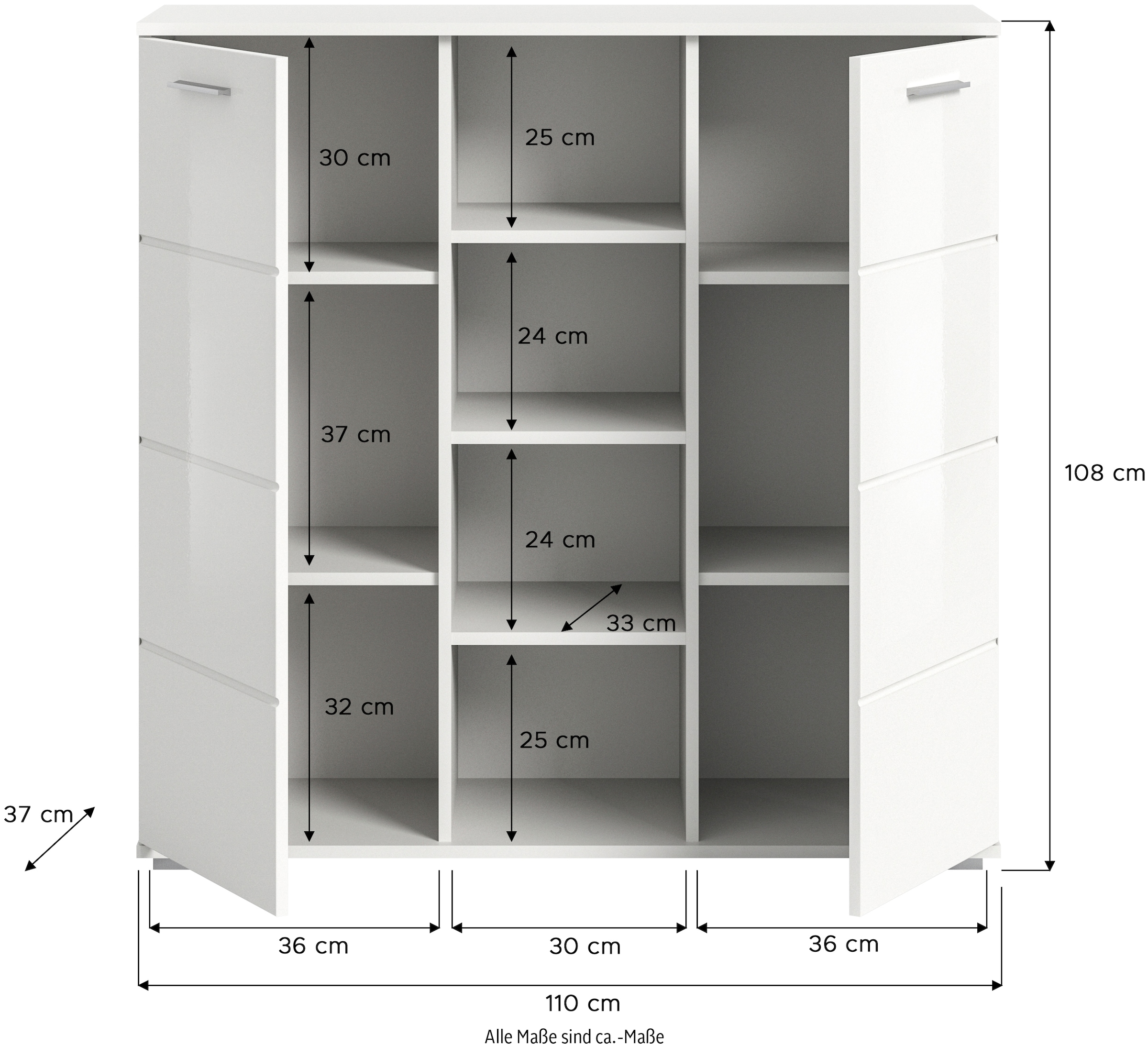 INOSIGN Highboard »Valge, Höhe 108 cm, 2 Türen, 4 verstellbare Böden, 4 offene Fächer«, Front-Rillenfräsung, Schuhschrank, Anrichte, Kommode, Sideboard