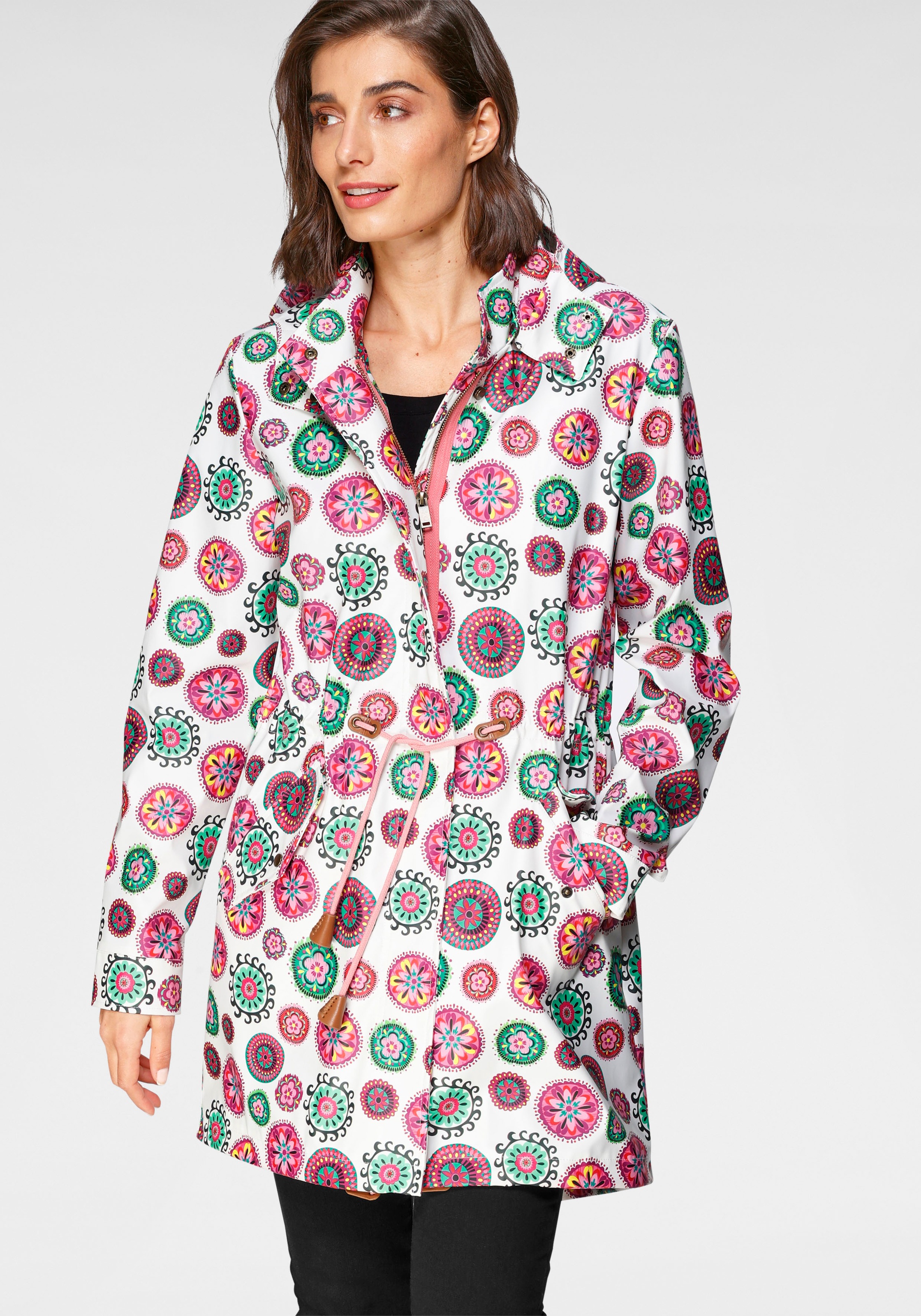 Amber & June Regenjacke, mit buntem Druck und abnehmbarer Kapuze