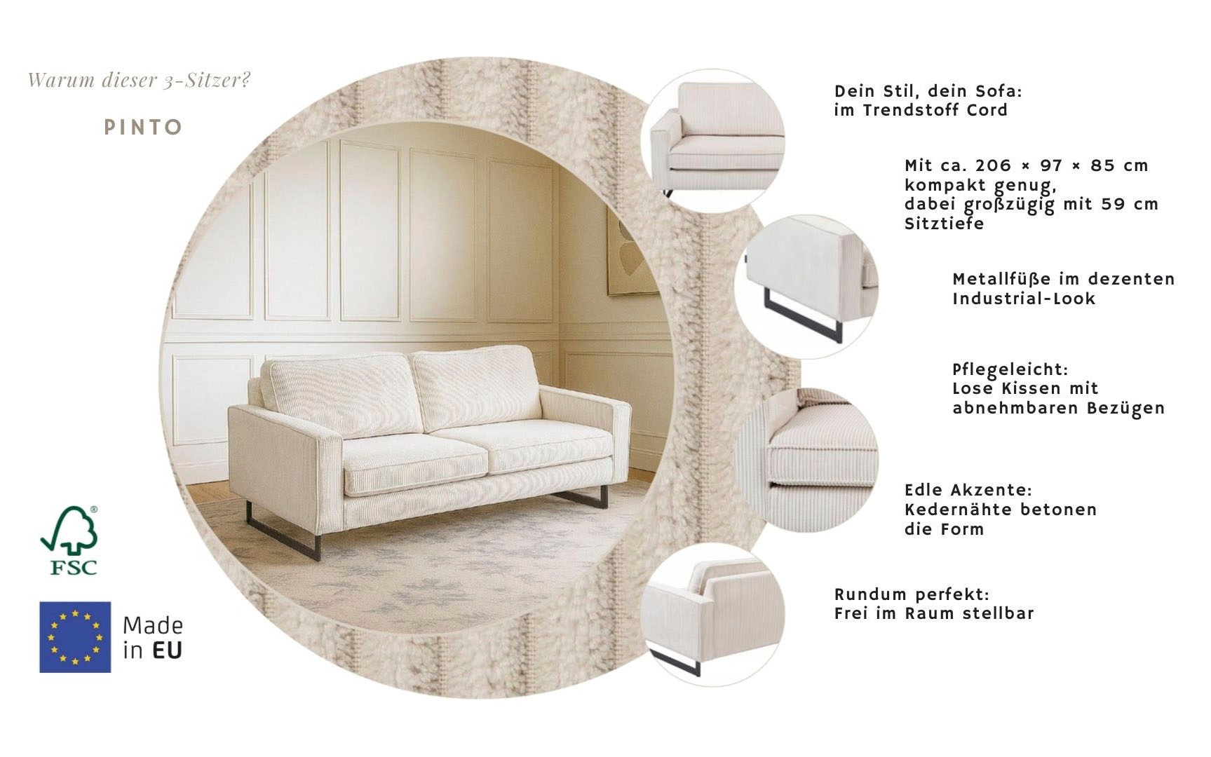 OTTO home 3-Sitzer »Pinto, 206 cm, Cord, Chenille, Lederoptik« mit Keder, schwarze Metallfüße, Wellenunterfederung