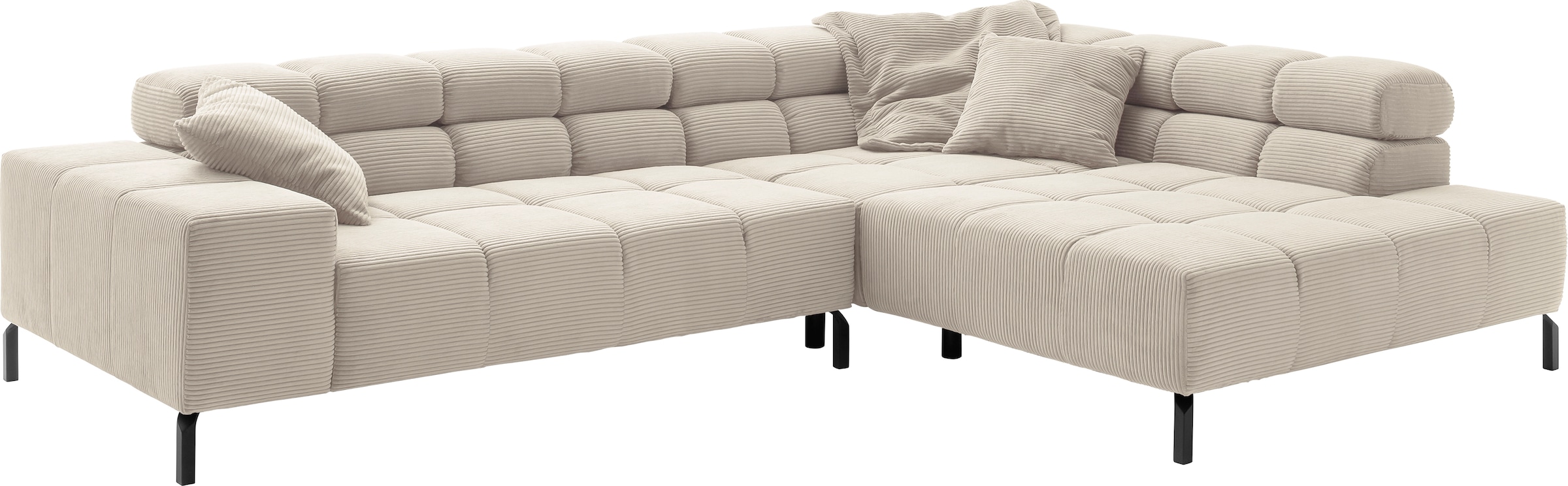 INOSIGN Ecksofa »Ancona New, wahlweise motorische Sitztiefenverstellung, auch in Cord«, feine Steppung, mit Kopfteilverstellung, 3 Zierkissen, L-Form
