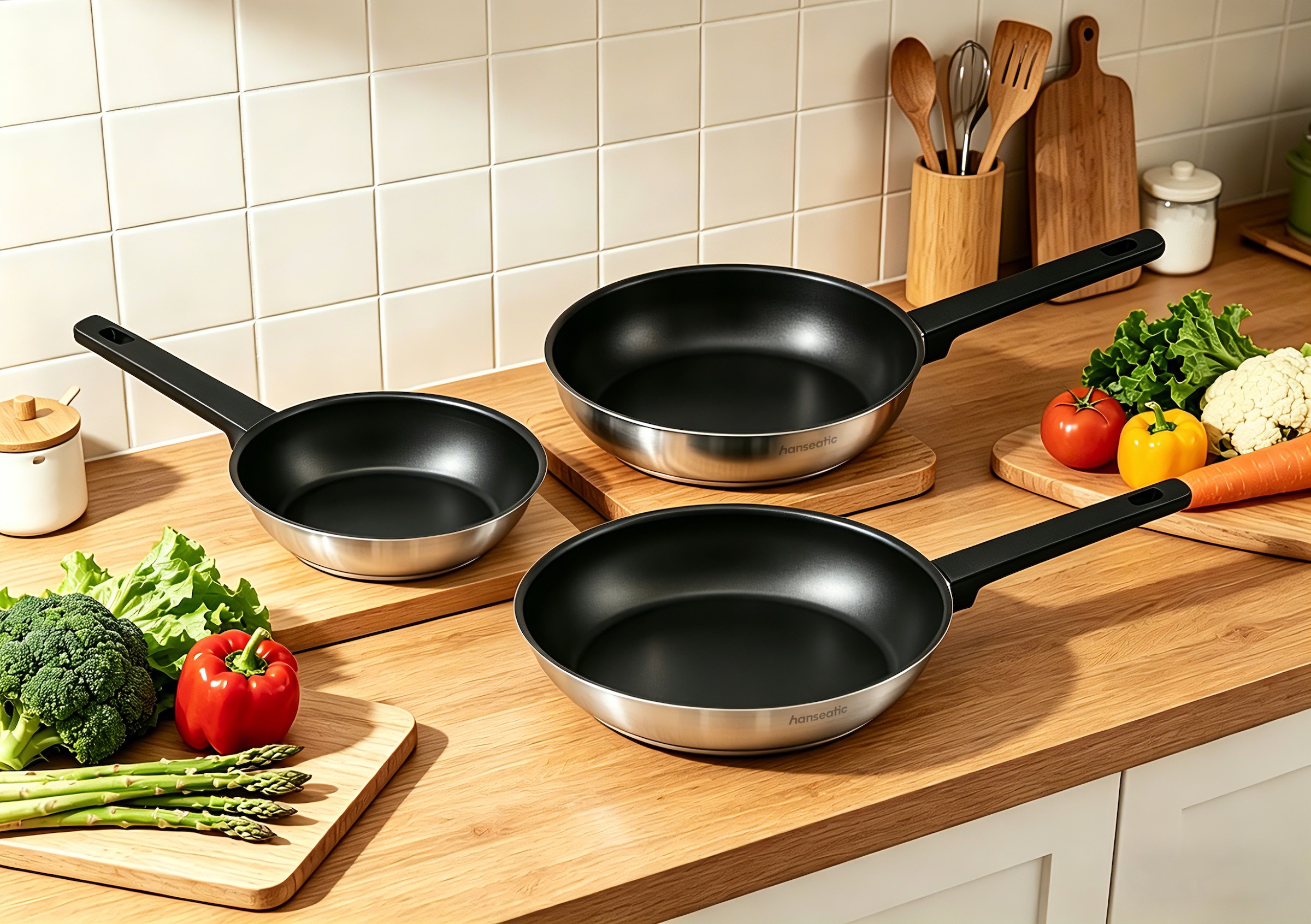 Hanseatic Pfannen-Set »SMART« Edelstahl 18/10 Set, 1x Pfanne Ø 20 cm, 24 cm und 28 cm, 3 tlg. Pfannen mit Antihaftbeschichtung, für alle Herdarten, inkl. Induktion