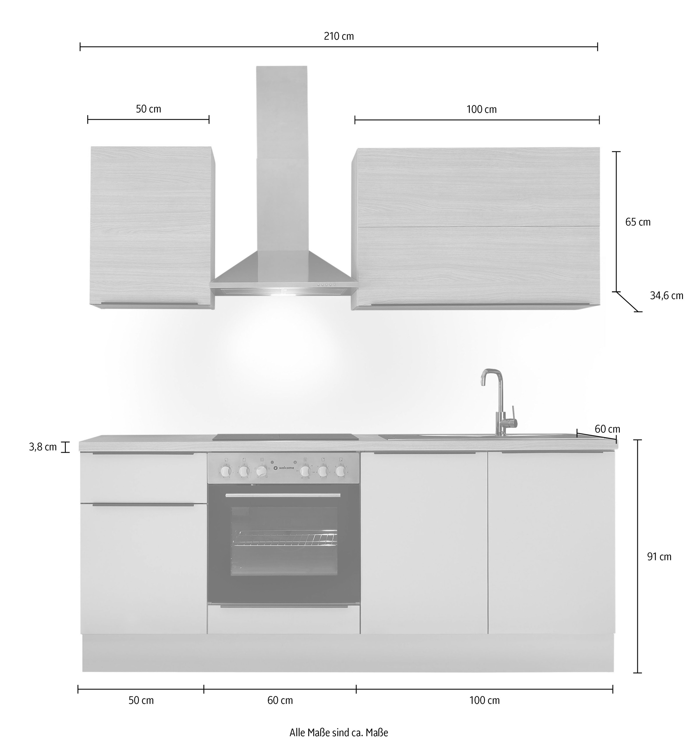 KOCHSTATION Küchenzeile »Cocco B/H/T 210x211x60 cm« Breite 210 cm, wahlweise mit E-Geräten und Induktion