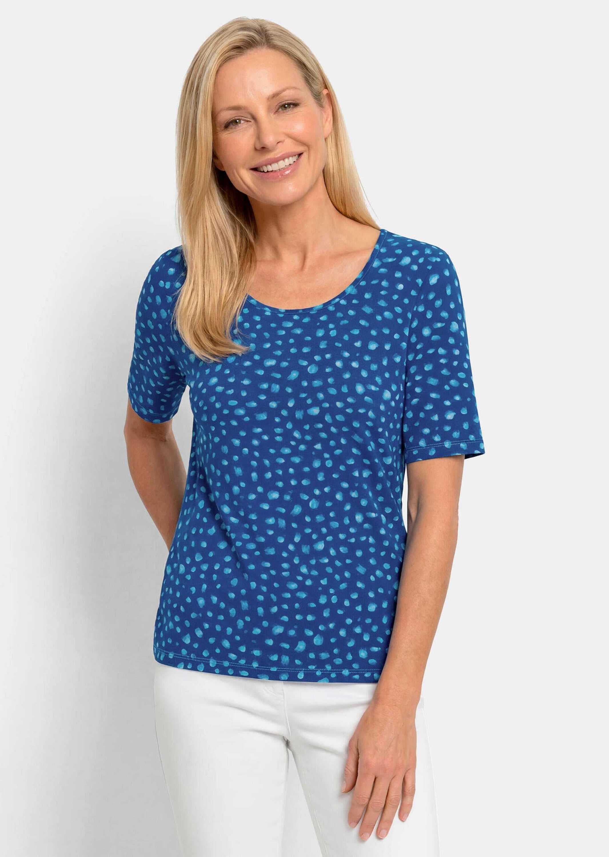 GOLDNER Kurzarmshirt »Kurzgröße Viskoseshirt mit verspielten Tupfen« stretchbequemer Jersey