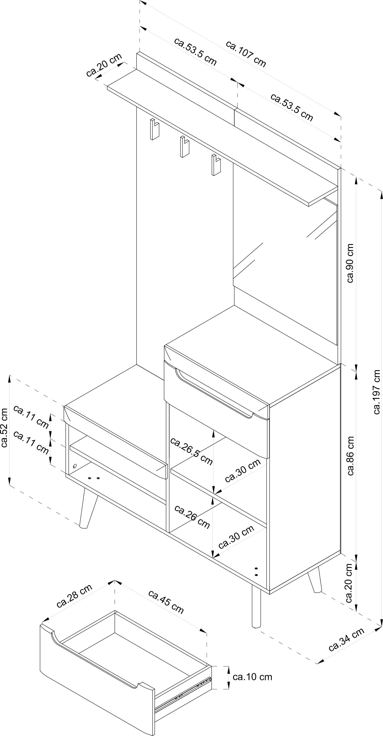 Home affaire Kompaktgarderobe »Torge, Garderobe mit Stauraum, Garderobenschrank im Scandic Design«, in zwei Farben, viel Stauraum, 107 cm breit, für kleine Räume geeignet