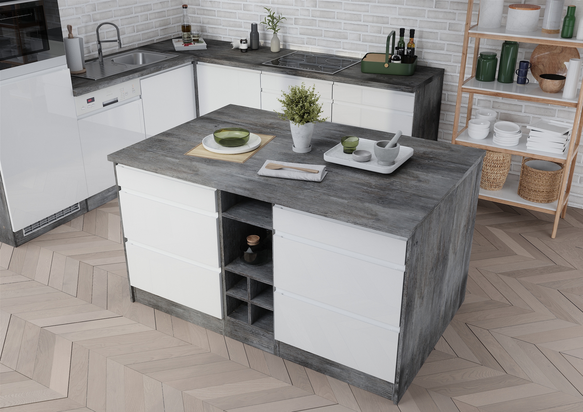 KOCHSTATION Kücheninsel »KS-Virginia«, Breite 153 cm, MDF-Fronten, Flaschenregal