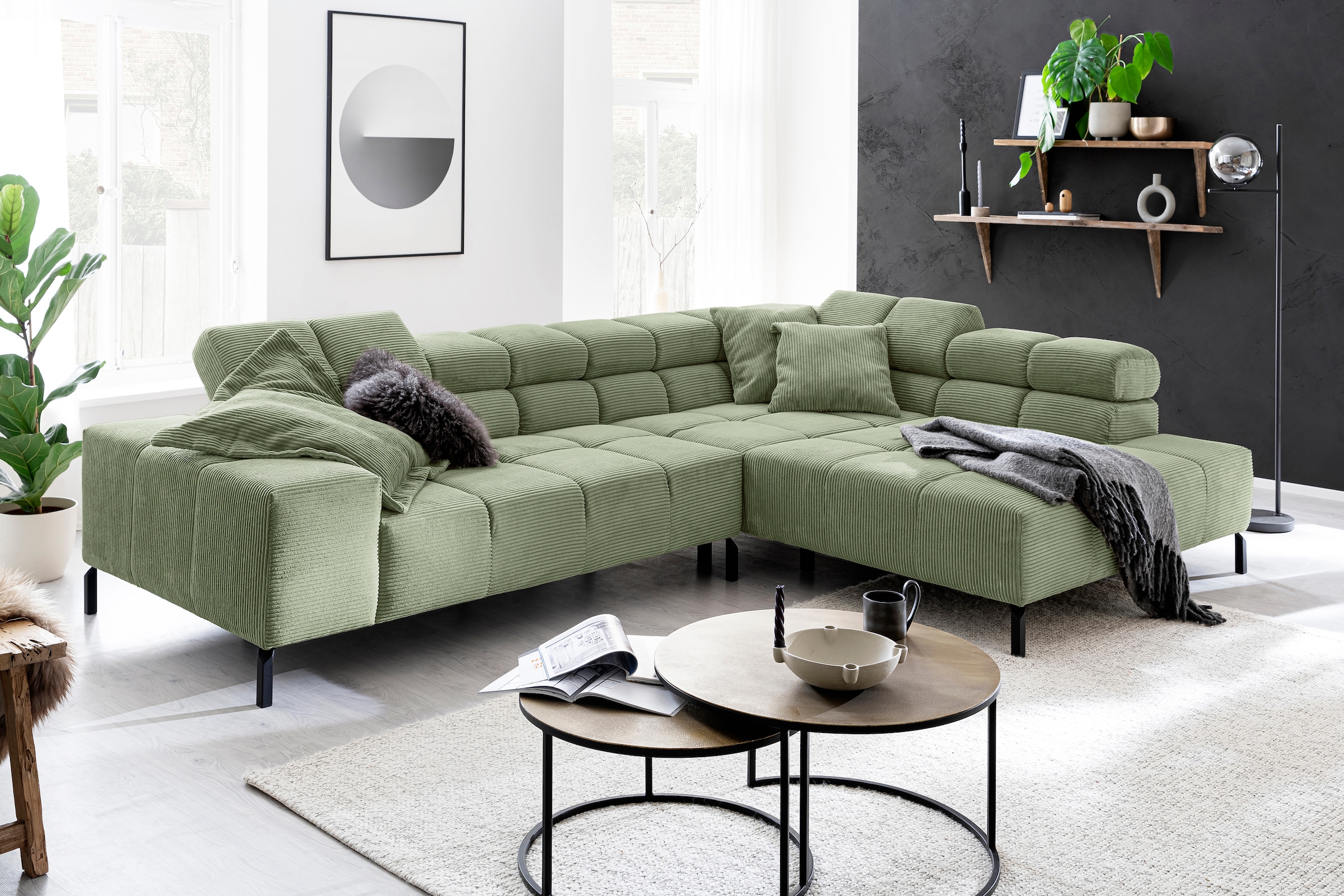 INOSIGN Ecksofa »Ancona New, wahlweise motorische Sitztiefenverstellung, auch in Cord«, feine Steppung, mit Kopfteilverstellung, 3 Zierkissen, L-Form
