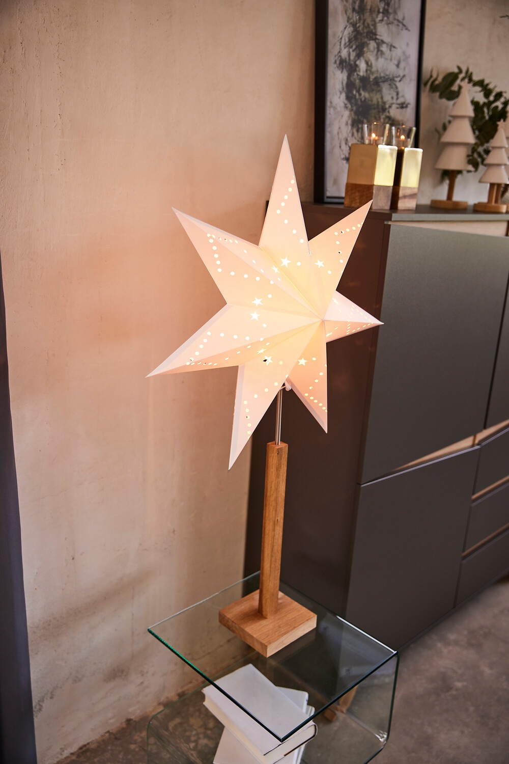 Parforce Traditional Hunting LED Stern »KARO, beleuchtet, aus Papier und Holz, Höhe ca. 100 cm, Ø Schirm 60 cm«, 1 flammig, Leuchtmittel E14 | ohne Leuchtmittel, Tischlampe, Weihnachtsstern, Deko-Stern, 7-zackig, Weihnachtsdeko