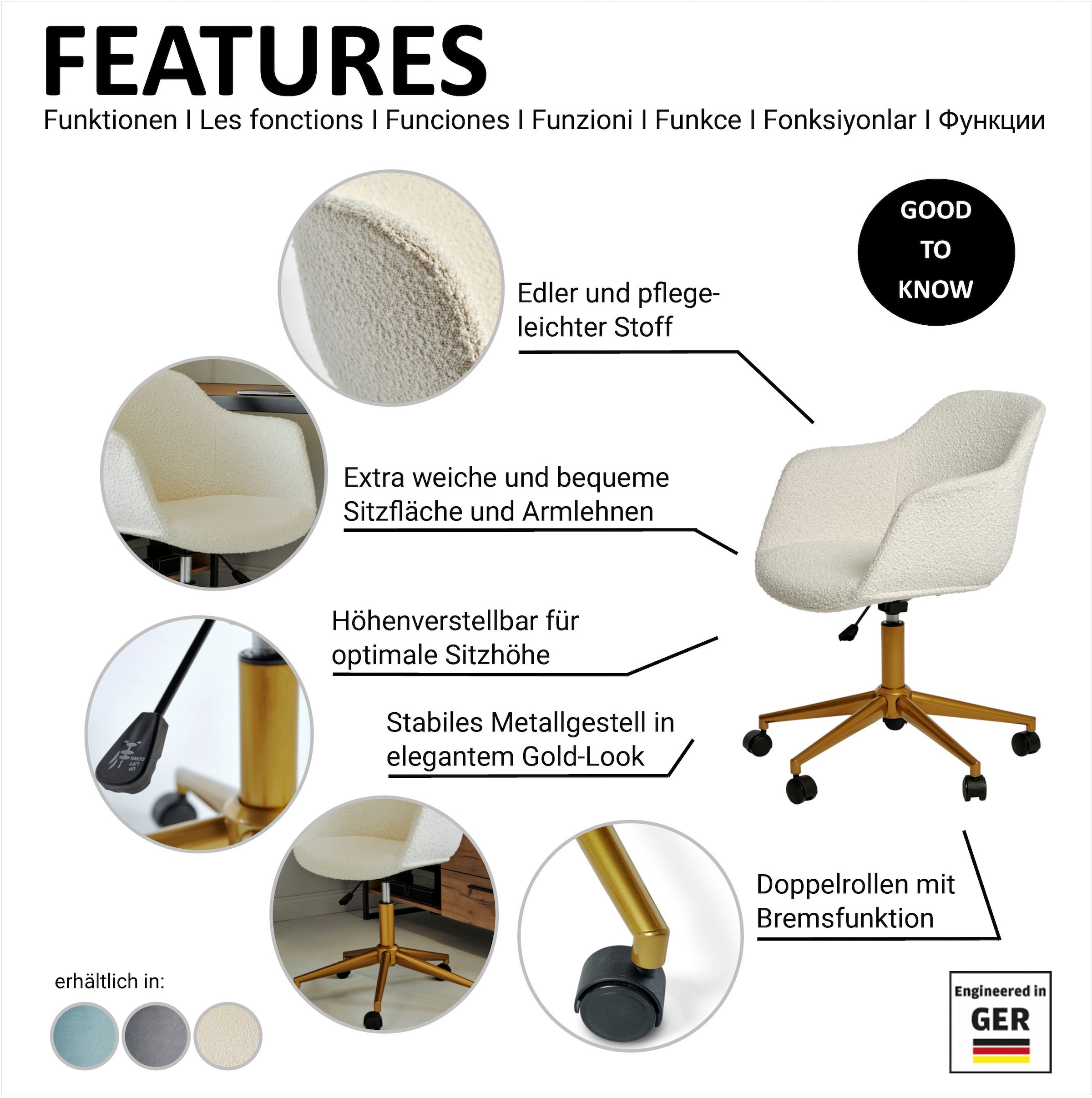 Jahnke Schreibtischstuhl »SHELL WORX«, 1 St., Samtstoff, Büro-/ Schreibtischstuhl, höhenverstellbar, Samt, Gestell in Gold-Look