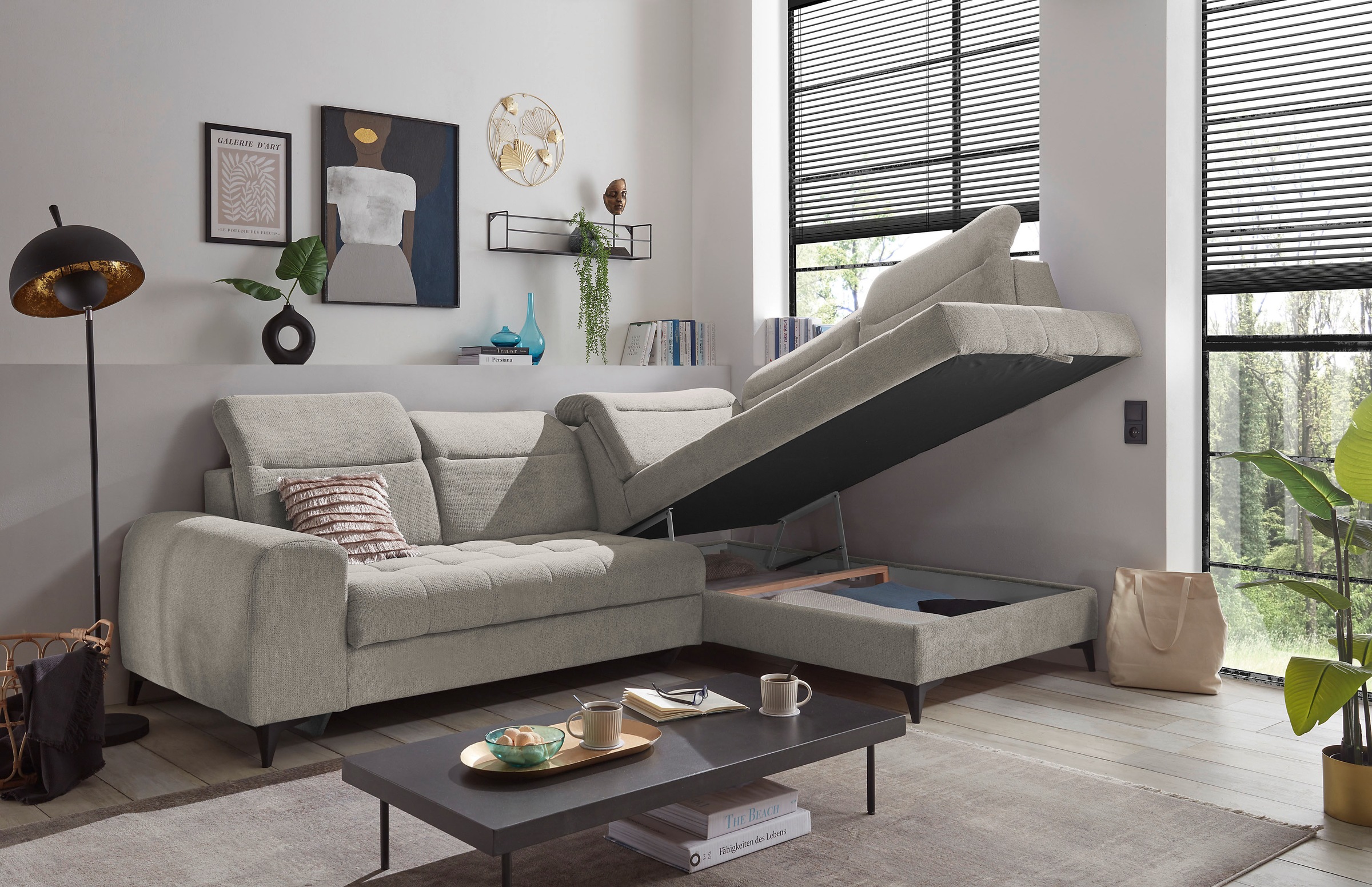 ED EXCITING DESIGN Ecksofa »Rockdale L-Form mit Bettfunktion, Bettkasten« Kopfteilverstellung, Sitztiefenverstellung & USB-Port