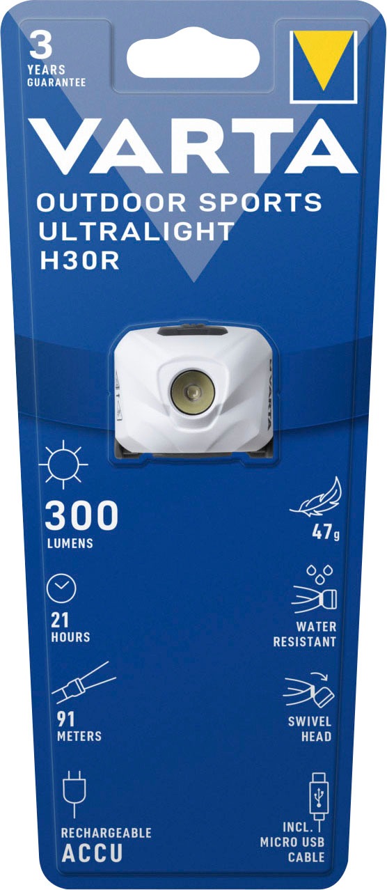 VARTA Taschenlampe »Outdoor Sports Ultralight H30R«, (1 St.), aufladbare Stirnleuchte mit Tastensperre und Speicherfunktion