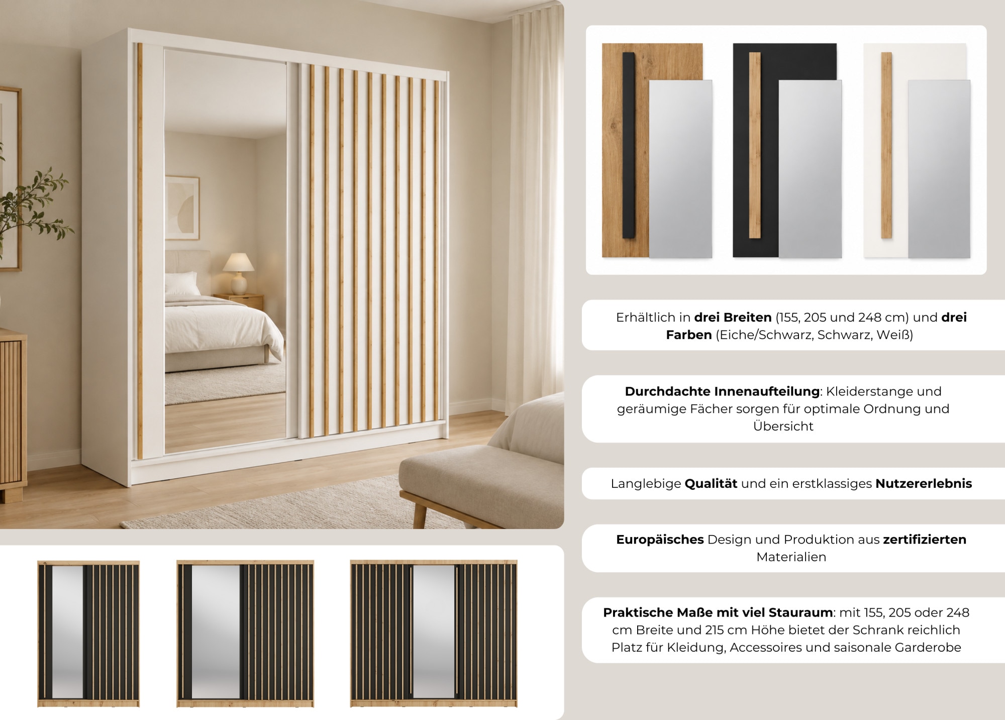Home affaire »VILLEFRANCHE modern mit viel Stauraum, Fächer & Kleiderstange, Spiegel« Garderobe in 3 Breiten (155, 205, 248 cm), erhältlich in 3 Farben