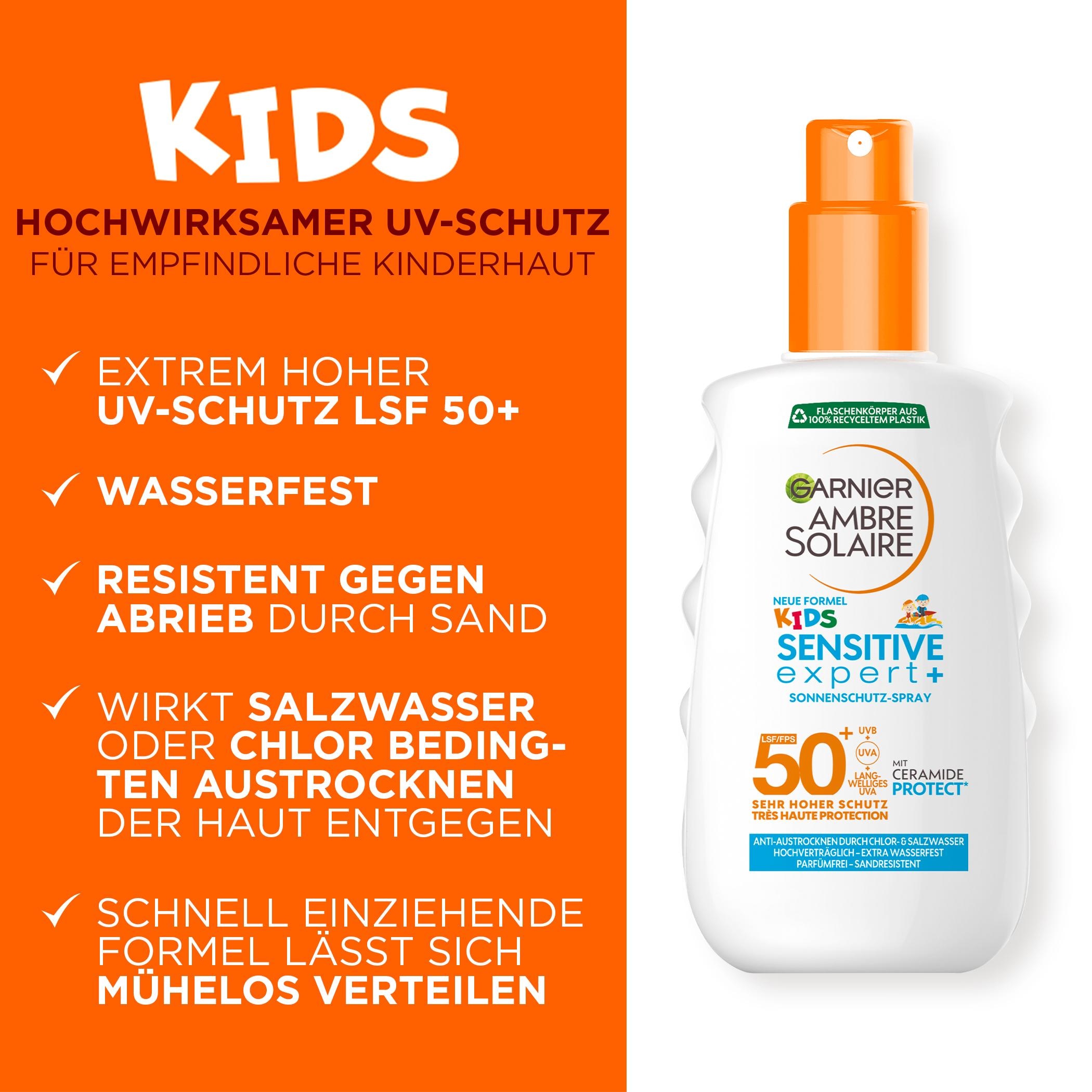 GARNIER Sonnenschutzspray »AMBRE SOLAIRE KIDS SENSITVE EXPERT+ LSF50+« mit leichter und schnell einziehender Formel