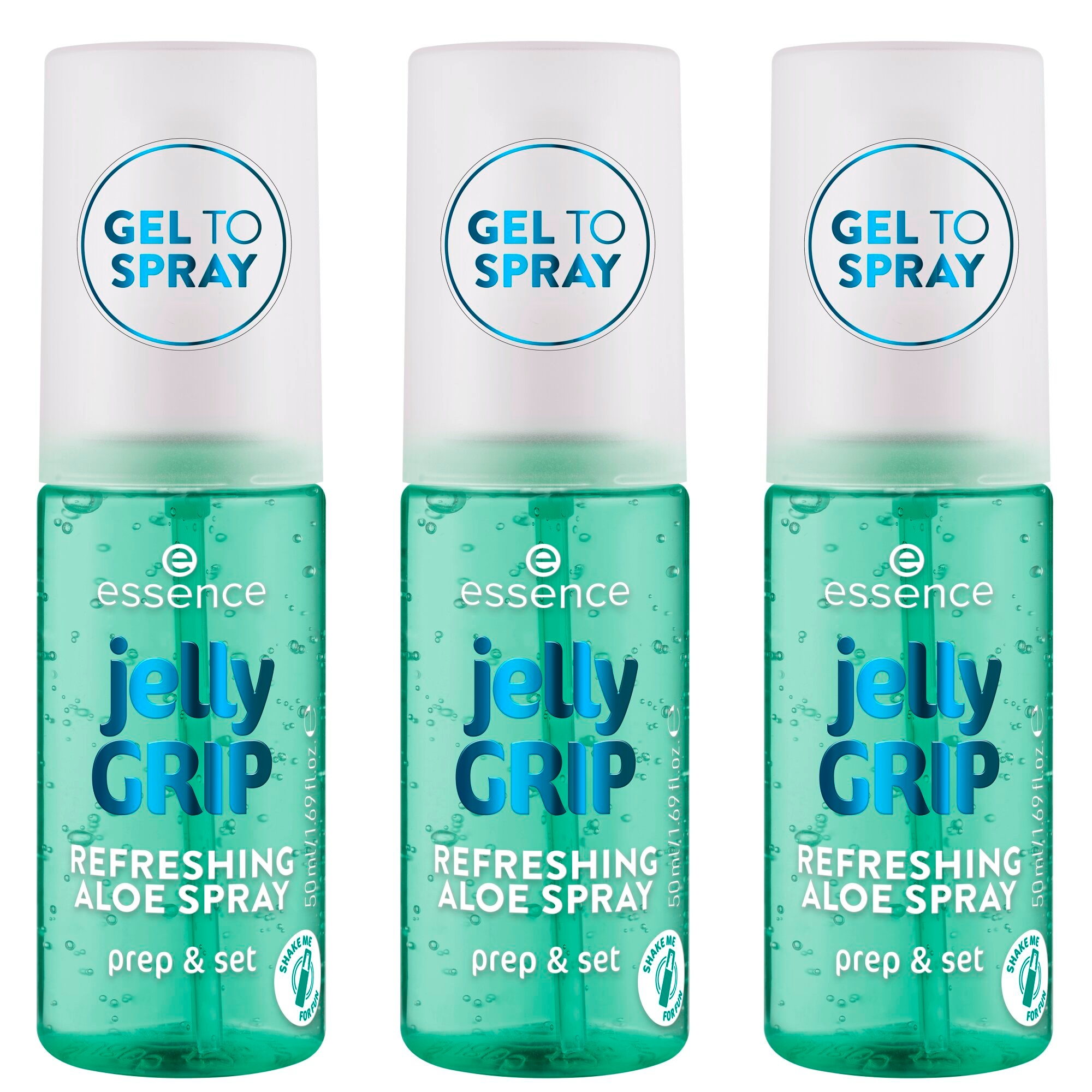 Essence Fixierspray »Jelly GRIP REFRESHING ALOE SPRAY« 3-tlg., Gel-to-Mist-Formel, erfrischend, feuchtigkeitsspendend