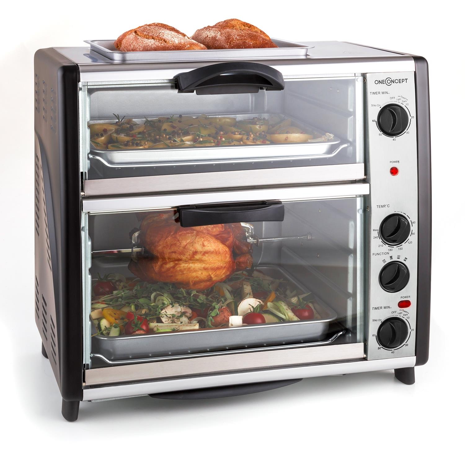 ONECONCEPT Doppel-Backofen mit Grillplatte 42L Tischbackofen Drehspieß