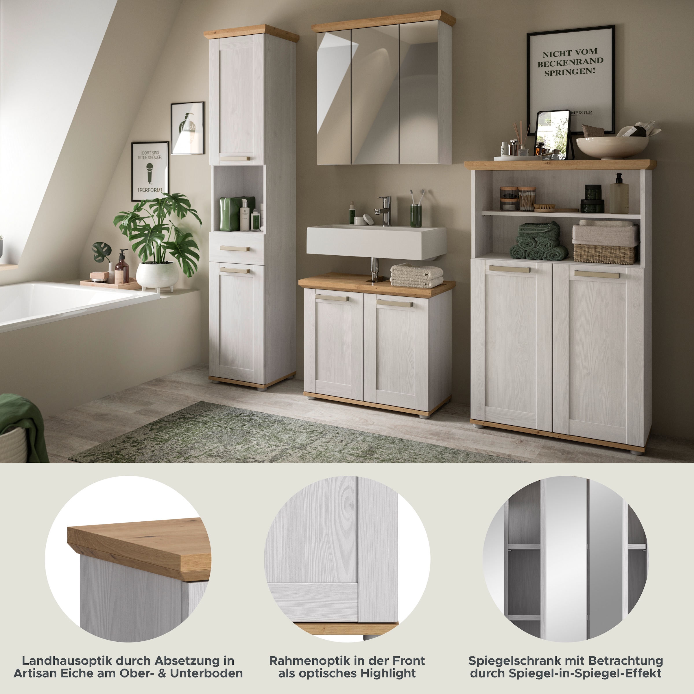 welltime Badmöbel-Set »COSENZA, 4-teilig, in Landhausoptik, mit farblich abgesetztem Kranz« best. aus: 1 Hochschrank, 1 Spiegelschrank, 1 WBU und 1 Midischrank, 4 Stk. tlg.
