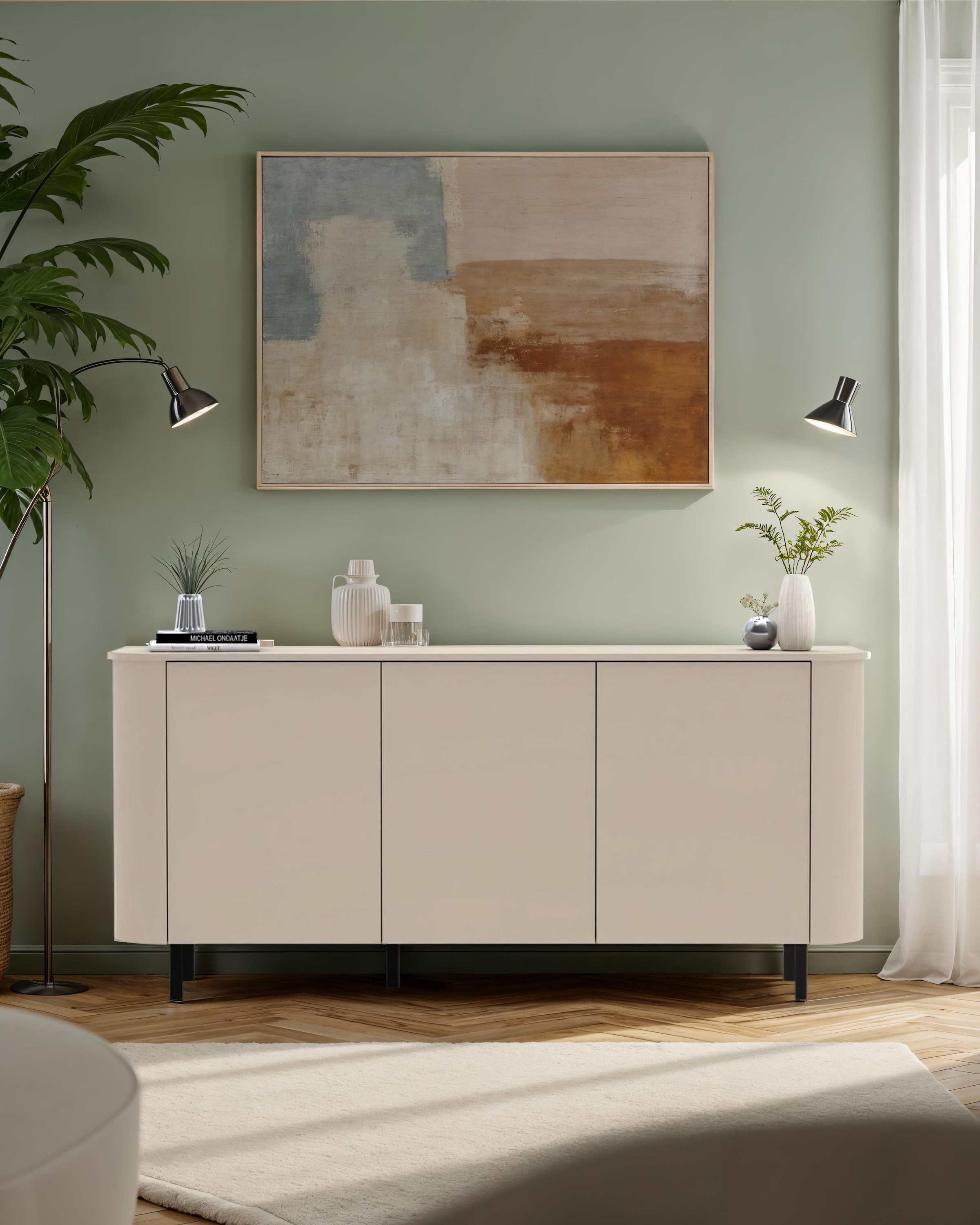 OTTO home Sideboard »Lido, 181 cm breit, 3 Türen, Anrichte, Kommode, Stauraumschrank« Formgebogenes MDF, Stirnseiten mit Rundung, Push-to-open, Metallfüße