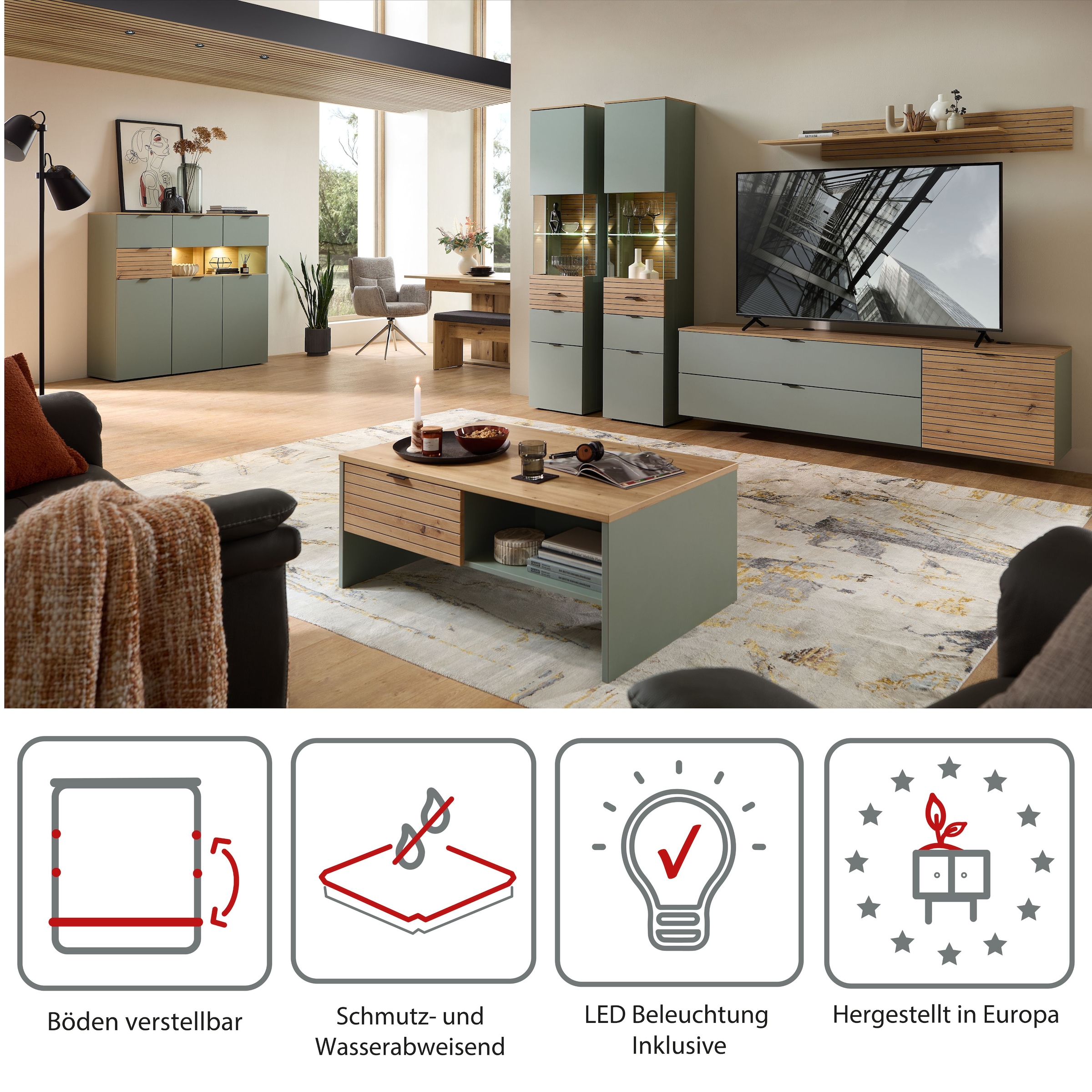 Innostyle Highboard »INA Highboard,  84 x 125 x 45 cm (B/H/T)« 1 Stk. tlg. 3 türig, 4 Schubladen, inkl. Beleuchtung, Softclose