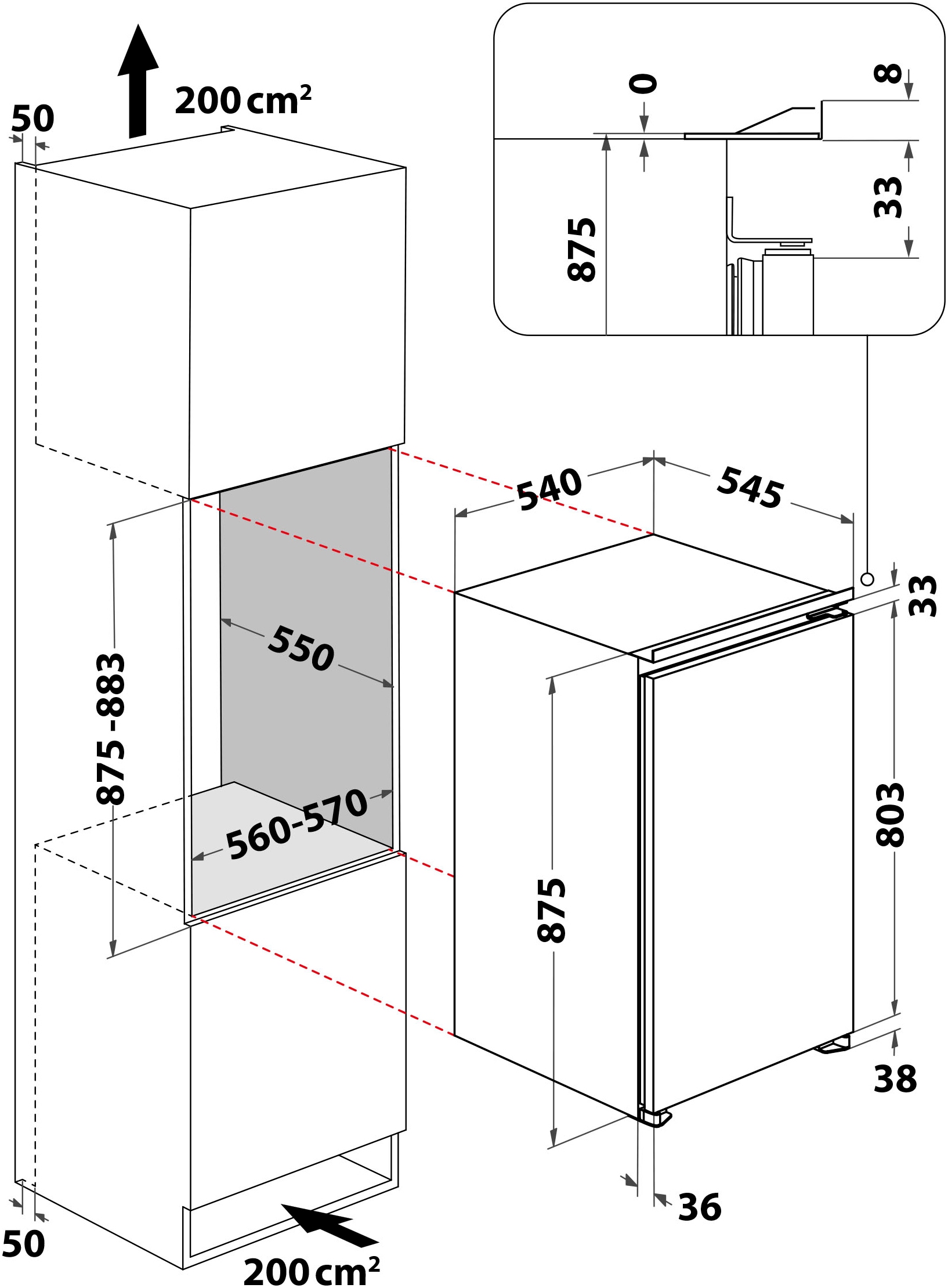 BAUKNECHT Einbaukühlschrank »KSI 9VF2E«, KSI 9VF2E, 87,5 cm hoch, 54 cm breit