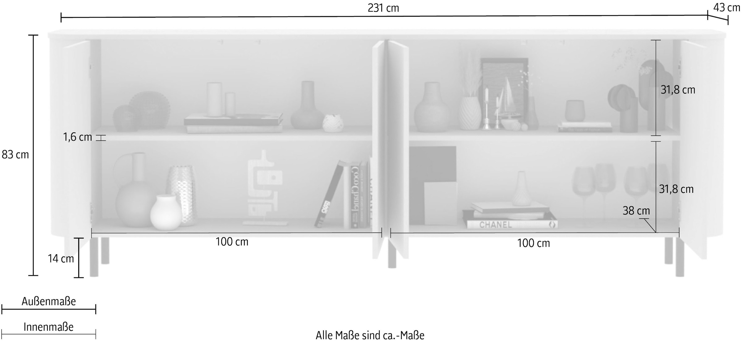 INOSIGN Sideboard »Lido, 231 cm breit, 4 Türen, Anrichte, Kommode, Stauraumschrank« Formgebogenes MDF, Stirnseiten mit Rundung, Push-to-open, Metallfüße