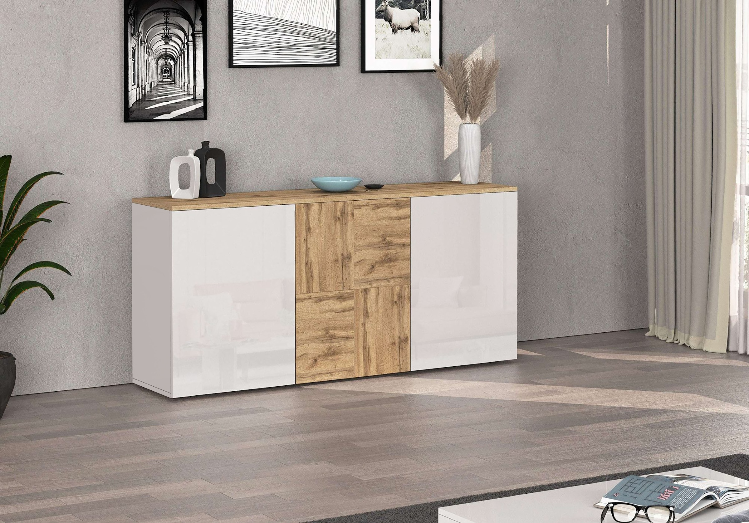 OTTO home Sideboard »ISEO, Kommode, Schrank, Sideboard, Lowboard, 6 Fächer, Breite 150 cm« 1 Stk. tlg. stehend/hängend, 3 Türen Hochglanz lackiert, Made in Italy