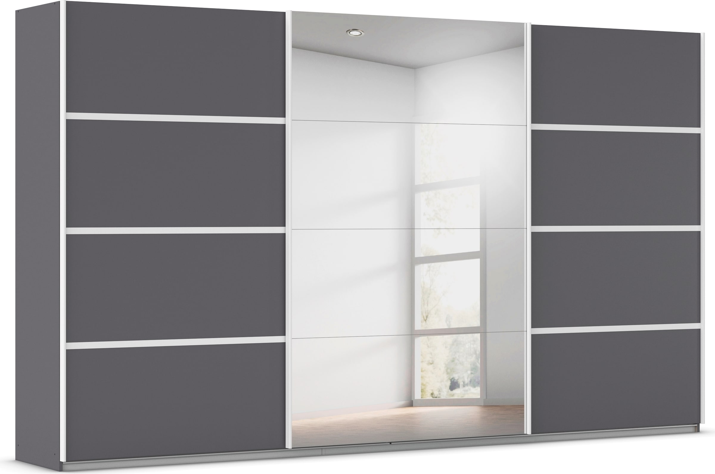 rauch Kleiderschrank »Schwebetürenschrank OTTO´s Choice Garderobe Schrank TOP ANGEBOT Avola«, (in 3 verschiedenen Ausstattungen BASIC/CLASSIC/PREMIUM inkl. Spiegel), mit eleganten Zierleisten in Chrom, Schwarz oder Weiß MADE IN GERMANY