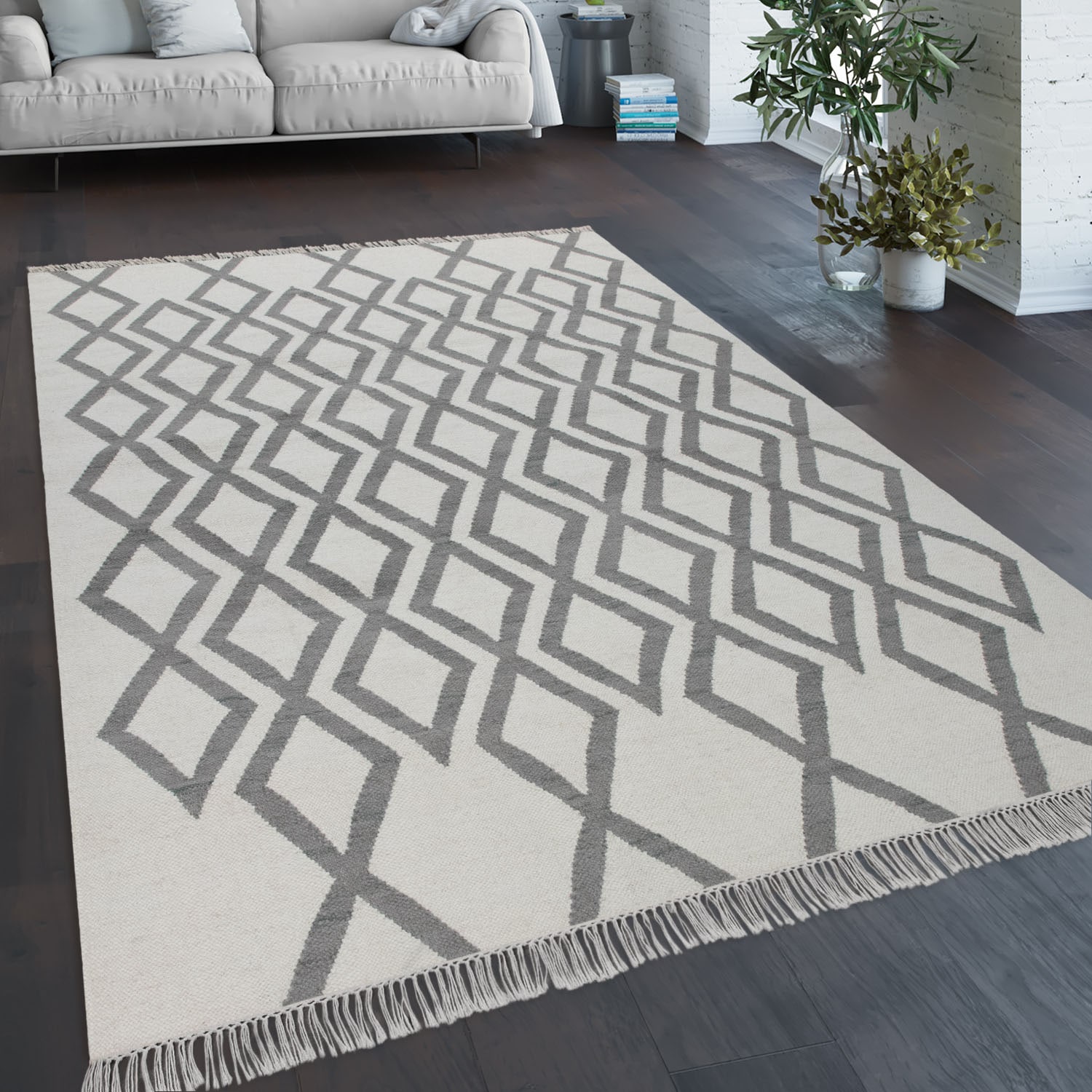 Paco Home Wollteppich »Kenitra 502«, rechteckig, 12 mm Höhe, Flachgewebe, reine Wolle, handgewebt, Rauten Design, mit Fransen