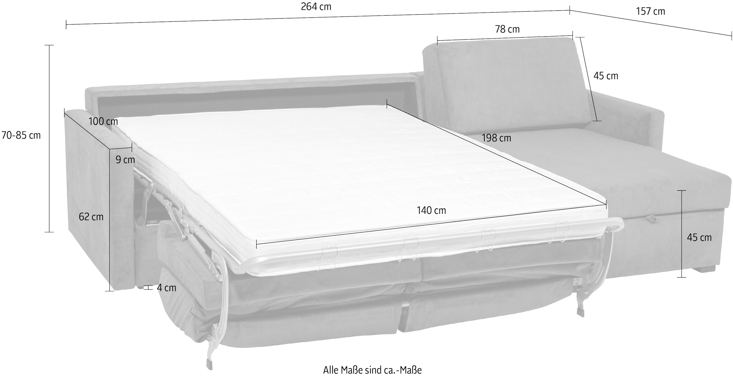 Places of Style Schlafsofa »GOLDPOINT Ecksofa 264 cm, Liegefläche (140/200cm), L-Form,«, Bettfunktion, Bonell-Federkernmatratze und Dauerschläfer-Funktion