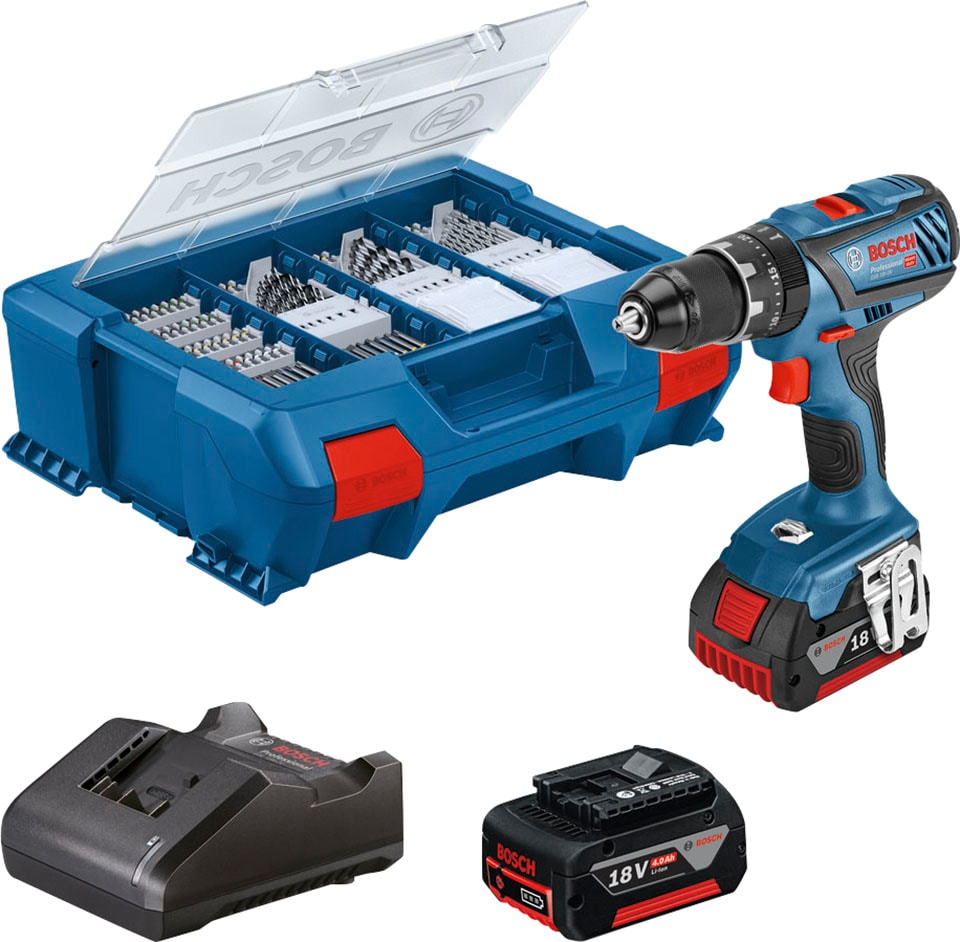 Bosch Professional Akku-Schlagbohrschrauber »GSB 18V-28« Set, mit 82-teiliges Zubehör-Set, 2 Akkus 18V/4,0Ah, Ladegerät und L-Case in blau