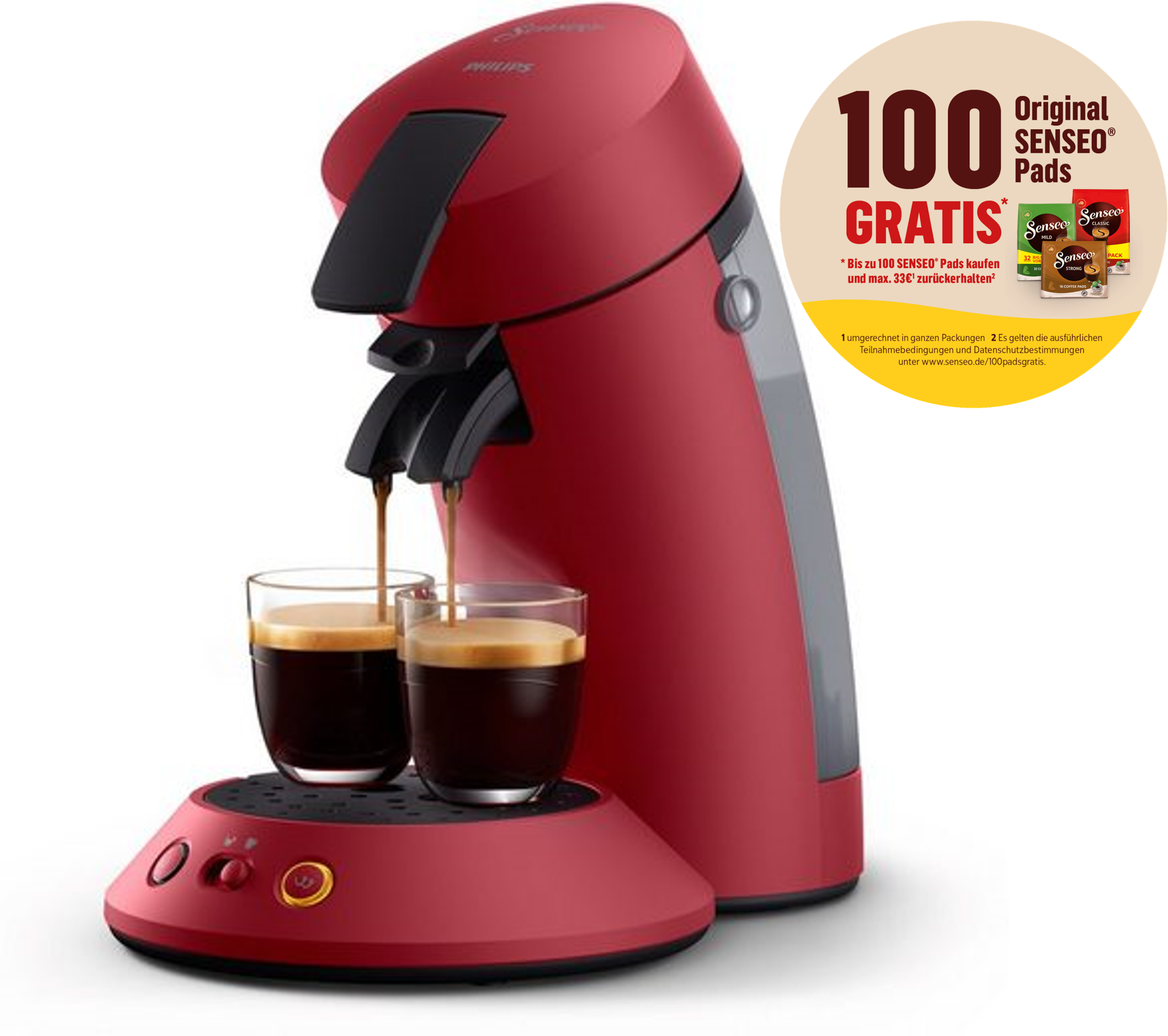 Philips Senseo Kaffeepadmaschine »Orginal Plus CSA210/90«, aus 28% recyceltem Plastik und mit 2 Kaffeespezialitäten, dunkelrot