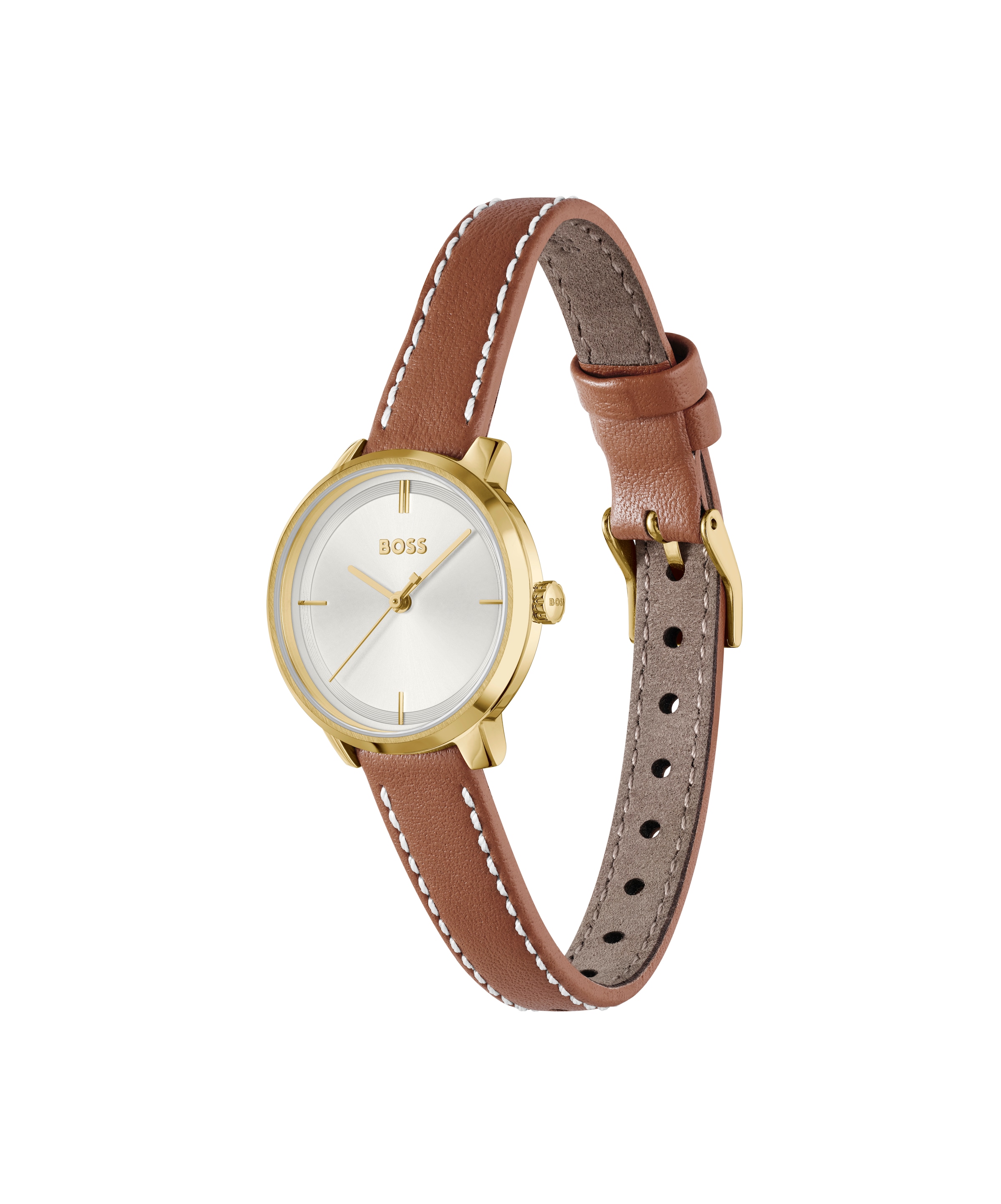 BOSS Quarzuhr »LUCIA« Armbanduhr, Damenuhr, Lederarmband, analog, Glassteine