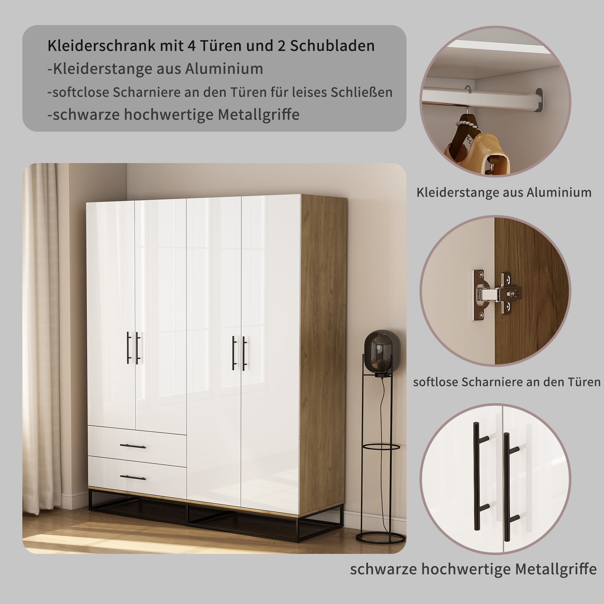 OTTO home Kleiderschrank »Lucca Schlafzimmerschrank Garderobe Hochglanz Bestseller« Schwarze Griffe und Kufengestell aus Metall,  Schlafzimmerschrank mit 4 Türen und 2 Schubladen, Breite 160cm
