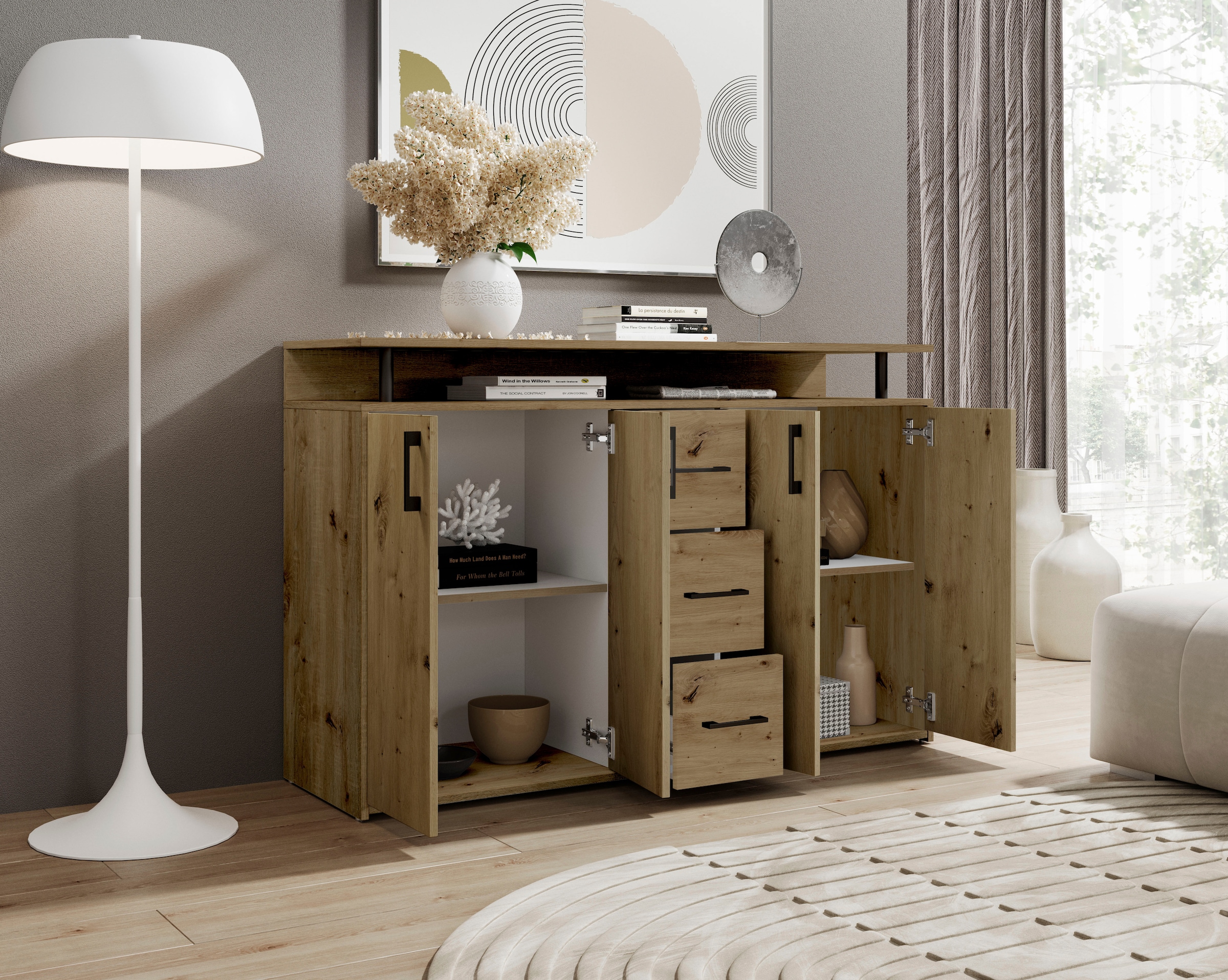 HBZ Sideboard »Drivno Sideboard, B/H/T 139x90x34 cm« 1 Stk. tlg. Breite 139cm, Kugelauszug, Einlegeböden verstellbar, 3 Schubkästen