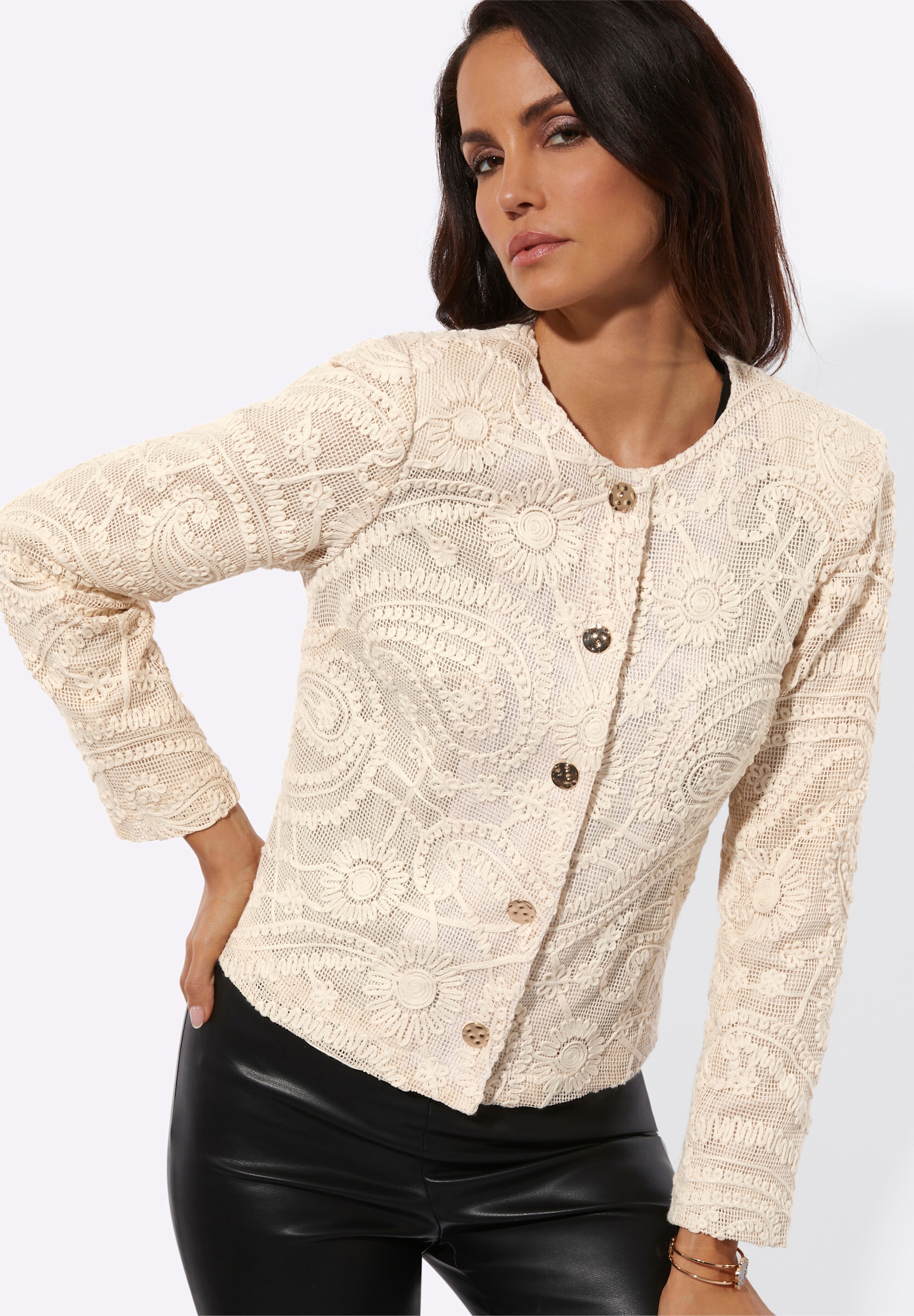 creation L Blusenblazer »Baumwoll-Blazer Spitzenblazer mit goldfarbigen Druckknöpfen«