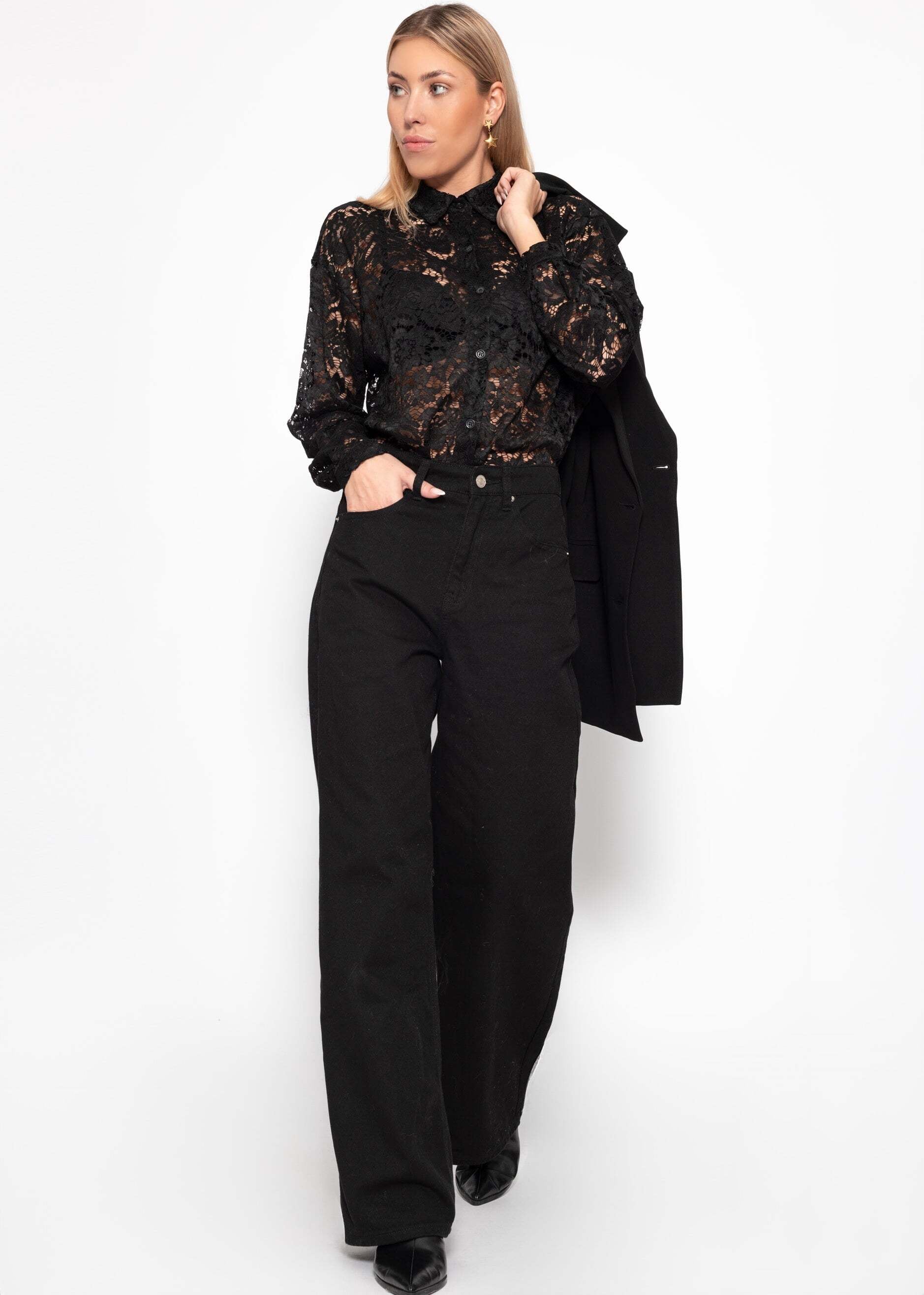 SASSYCLASSY Spitzenbluse »Bluse aus transparenter Spitze« Elegante Buse mit Hemdblusenkragen im lockeren Schnitt Braun Schwarz