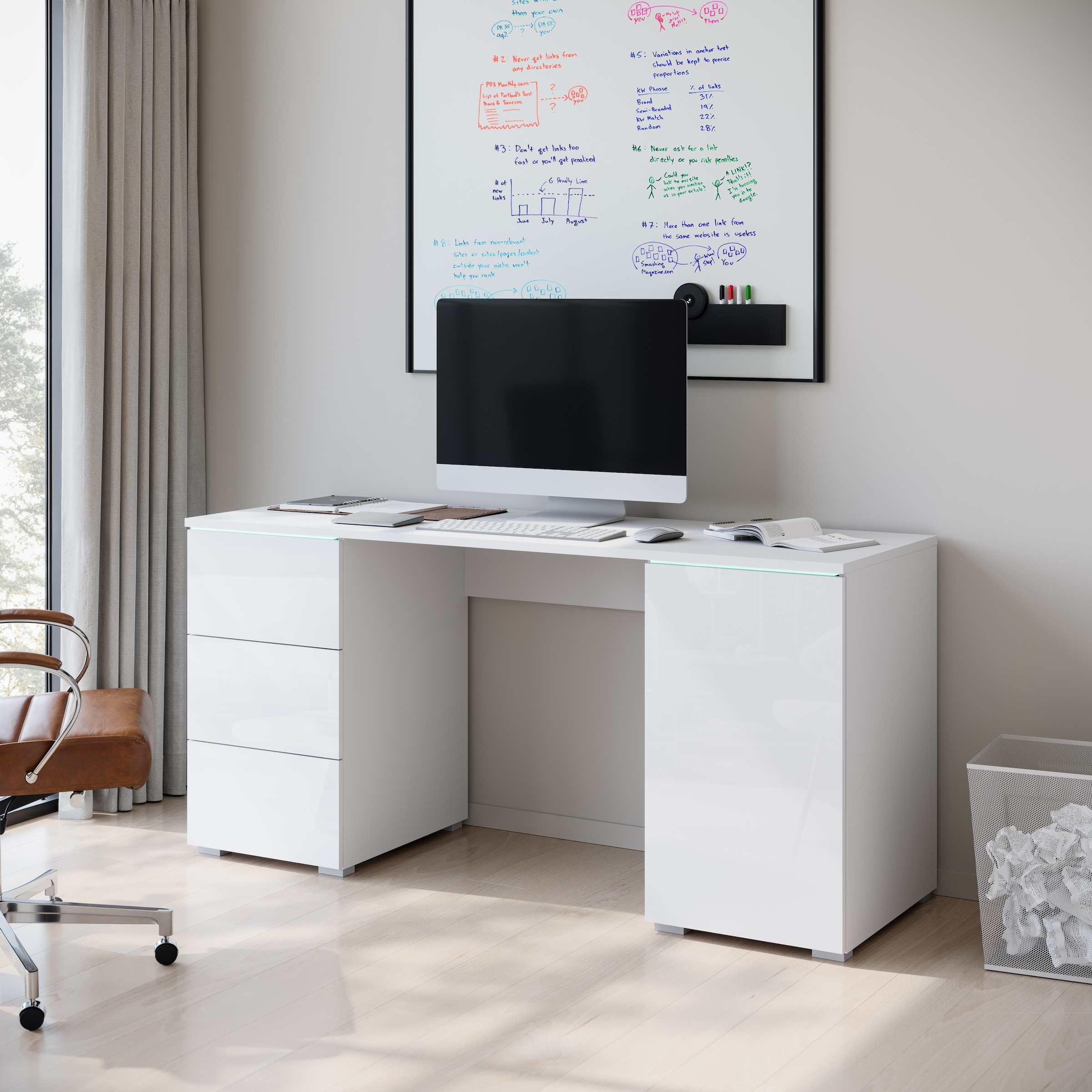 Home affaire Schreibtisch »Vera, Computertisch mit LED-Beleuchtung« 1 Stk. tlg. Bürotisch mit LED, Push-to-Open, 3 Schubladen & Stauraum