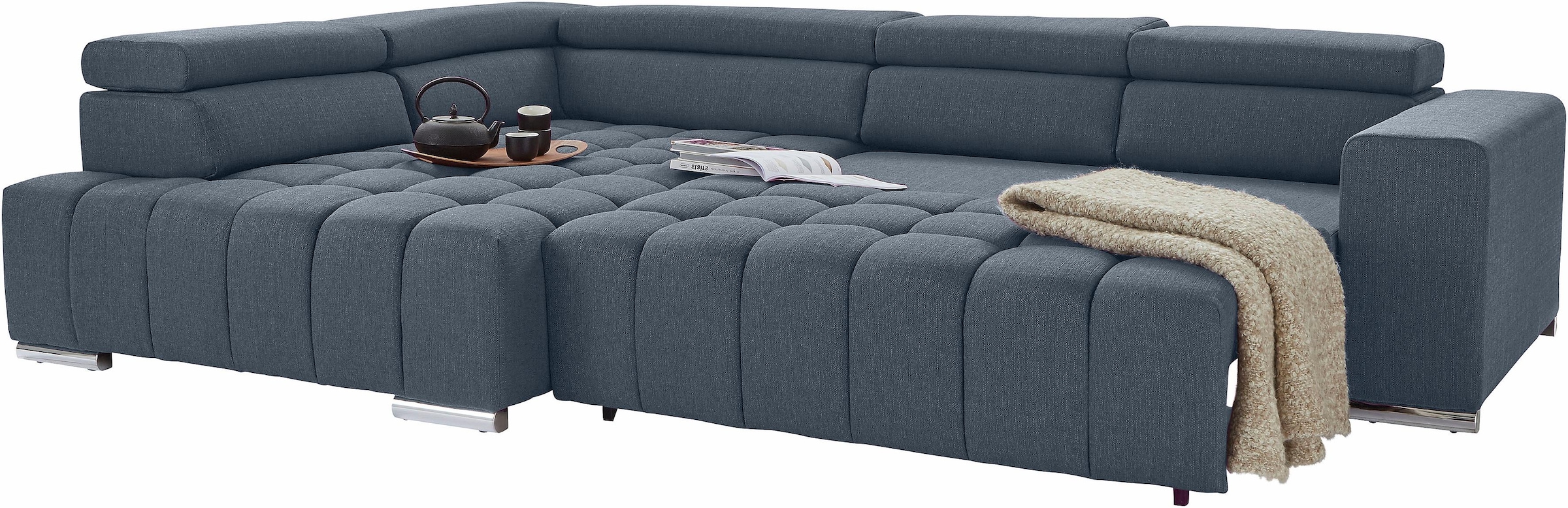 exxpo - sofa fashion Ecksofa »Elias, aktuelle Kreuzsteppung im Sitz, bequem, Breite 307cm, L-Form« mit Kopf- bzw. Rückenverstellung, wahlweise mit Bettfunktion