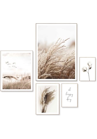 Wandbild »Schönen Tag Happy day - Kraniche - Strand - Trockenblume«, (5 St.)