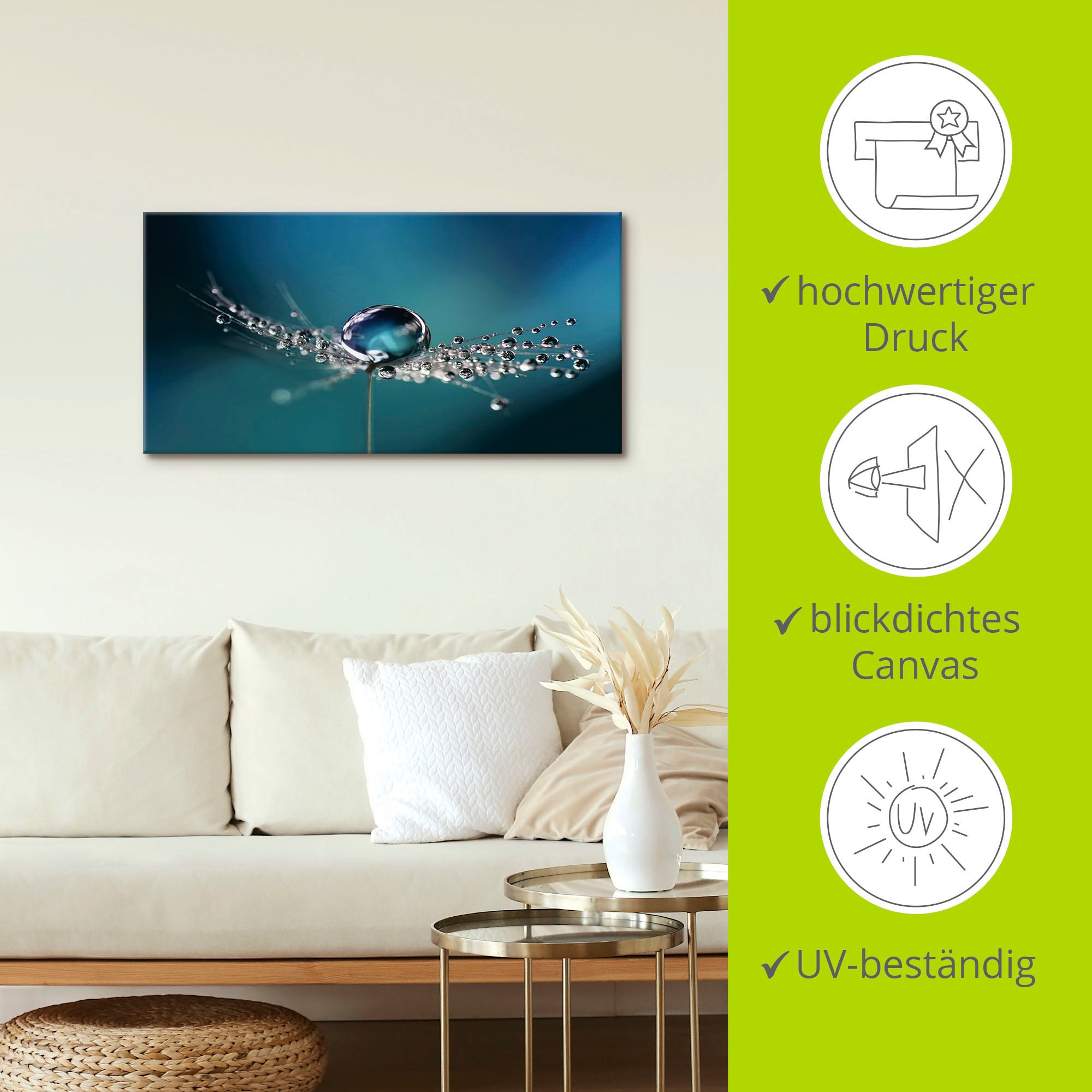 Artland Leinwandbild »Pusteblume Tautropfen blau« Blumenbilder 1 Stk. tlg. auf Holzrahmen gespannt