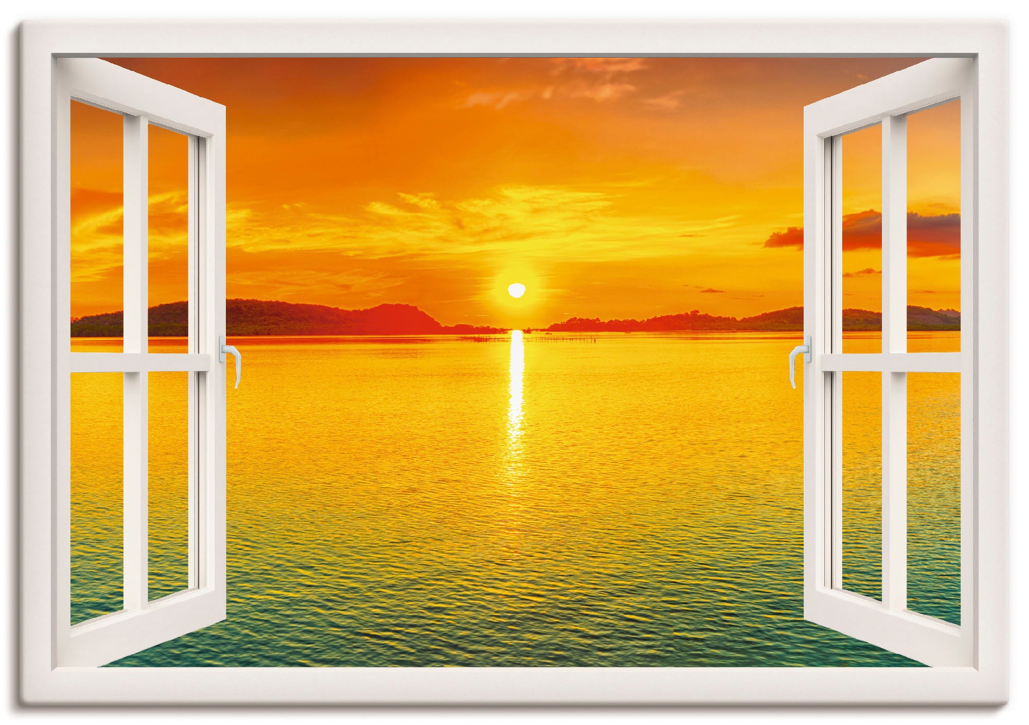 Artland Wandbild »Fensterblick - Sonnenuntergangspanorama«, Fensterblick, (1 St.), in vielen Größen & Produktarten -Leinwandbild, Poster, Wandaufkleber / Wandtattoo auch für Badezimmer geeignet