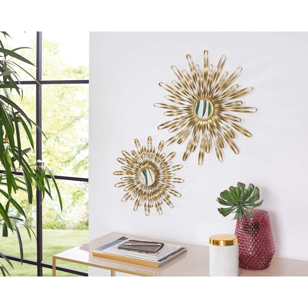 Leonique Wanddekoobjekt »Sonne, gold«, (2er-Set), Wanddeko, aus Metall, mit Spiegel, dekorativ im Wohnzimmer & Schlafzimmer